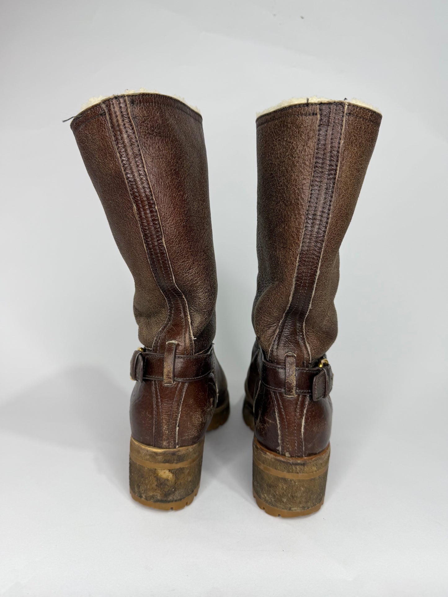 Prada Brown Shearling-Lined Leather Engineer Boots Buckle Moto Lug Sole Women’s EU 42