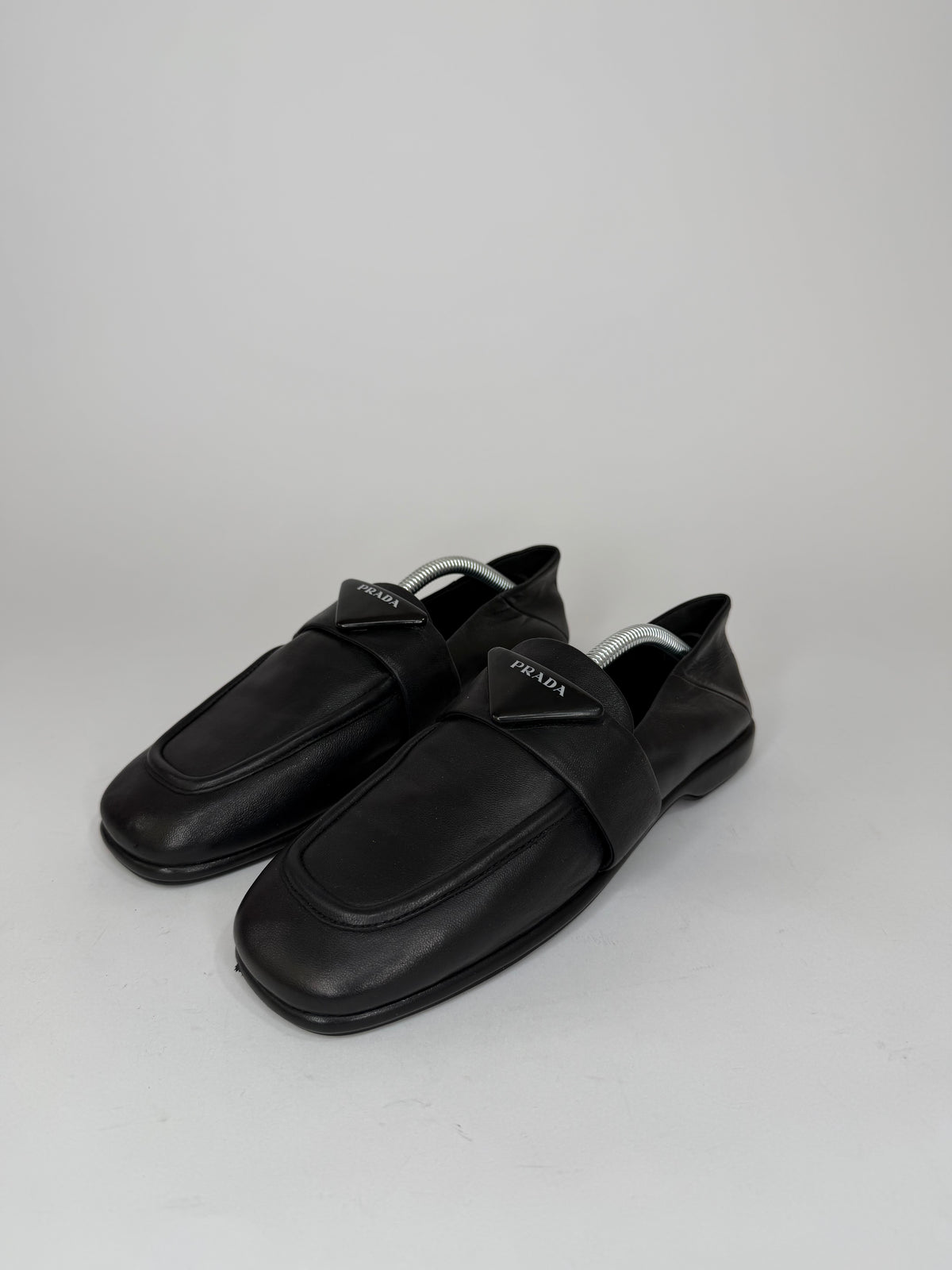 Prada Black Leather Triangle Logo Strap Loafers Made in Italy EU 37/ 7 US