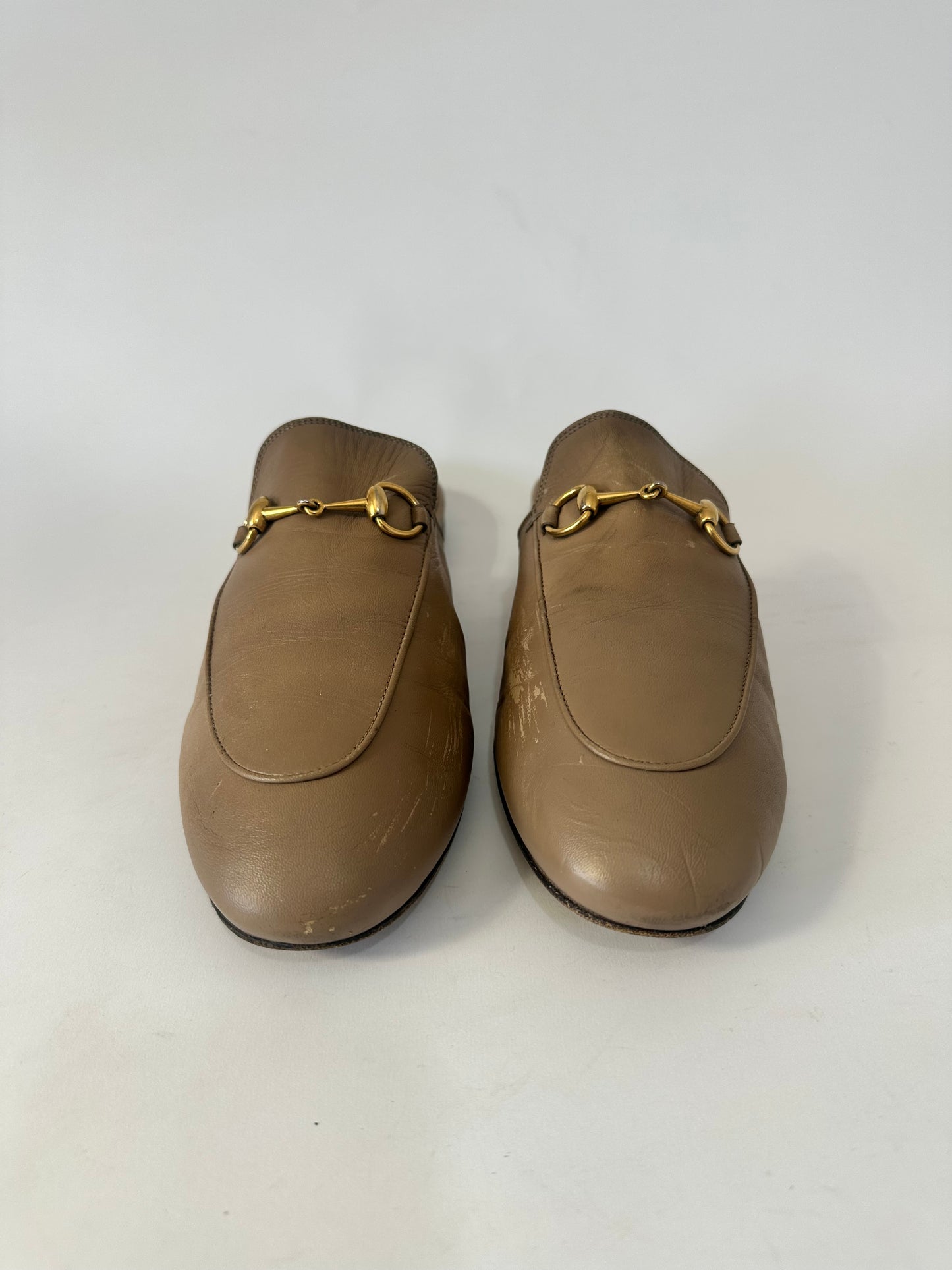Gucci Beige Leather Princetown Mules Size 38 EU/ 8 US/ 5 UK