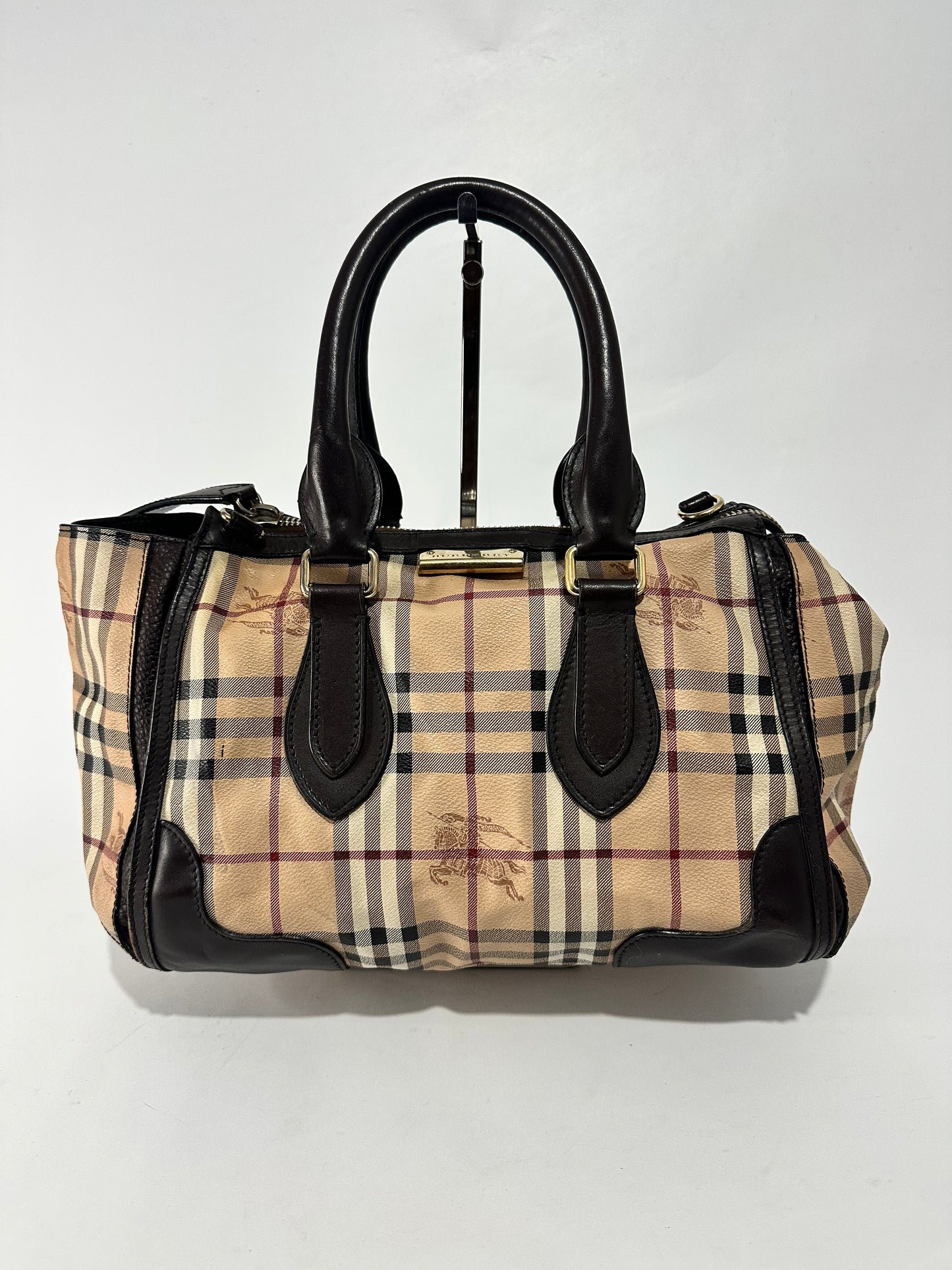 Burberry Beige/Brown Haymarket Check PVC and Leather Gladstone Bowling Bag
