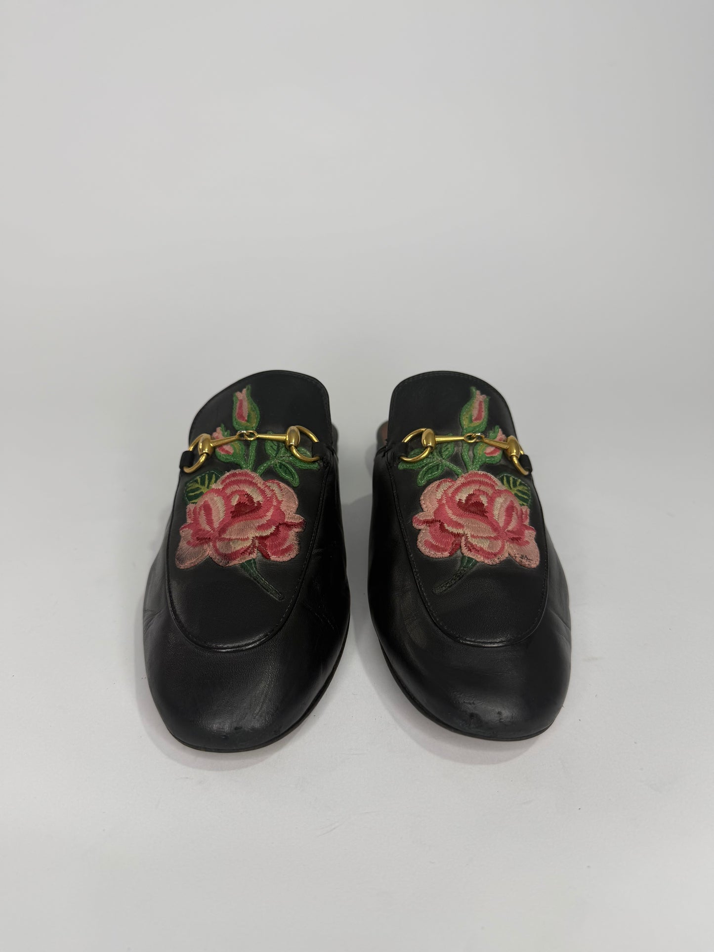 Gucci Black Leather Rose Embroidered Princetown Horsebit Flat Mules Size 39 EU/ 9 US / 6 UK