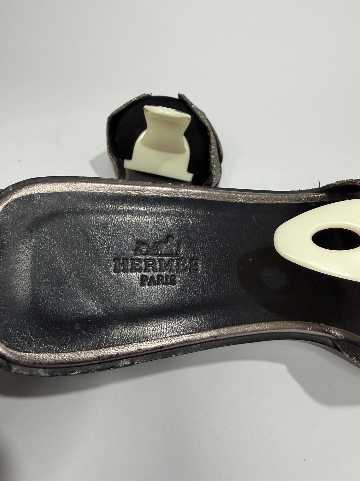 Hermes Silver/Black Suede And Glitter Oran Slide Flats Size 39 EU/ 9 US