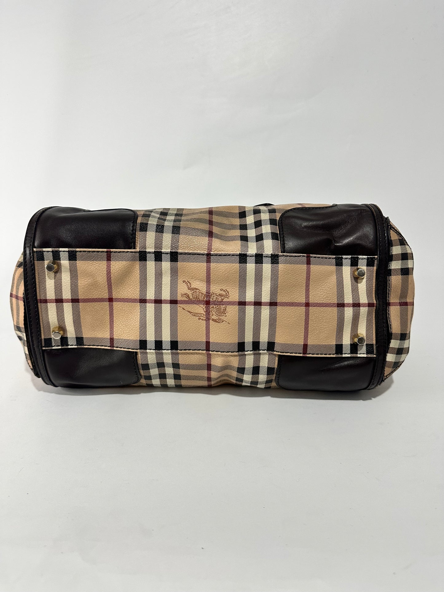 Burberry Beige/Brown Haymarket Check PVC and Leather Gladstone Bowling Bag