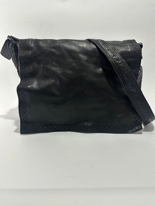 Bottega Veneta Black Leather Square Flap Messenger Bag