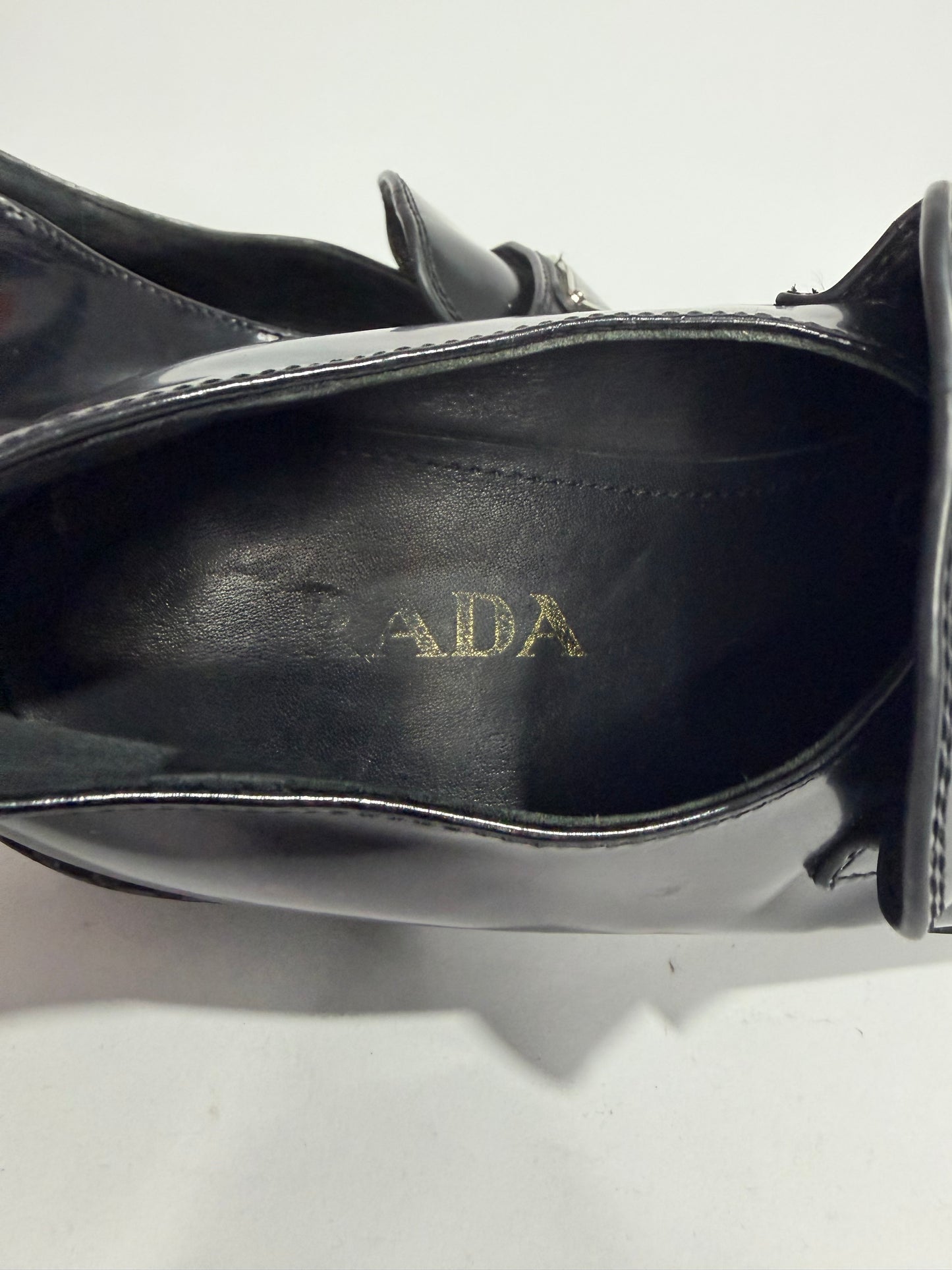 PRADA Vernice Metal Triangle Logo 50mm Loafers Size 37 EU/7 US/ 4 UK