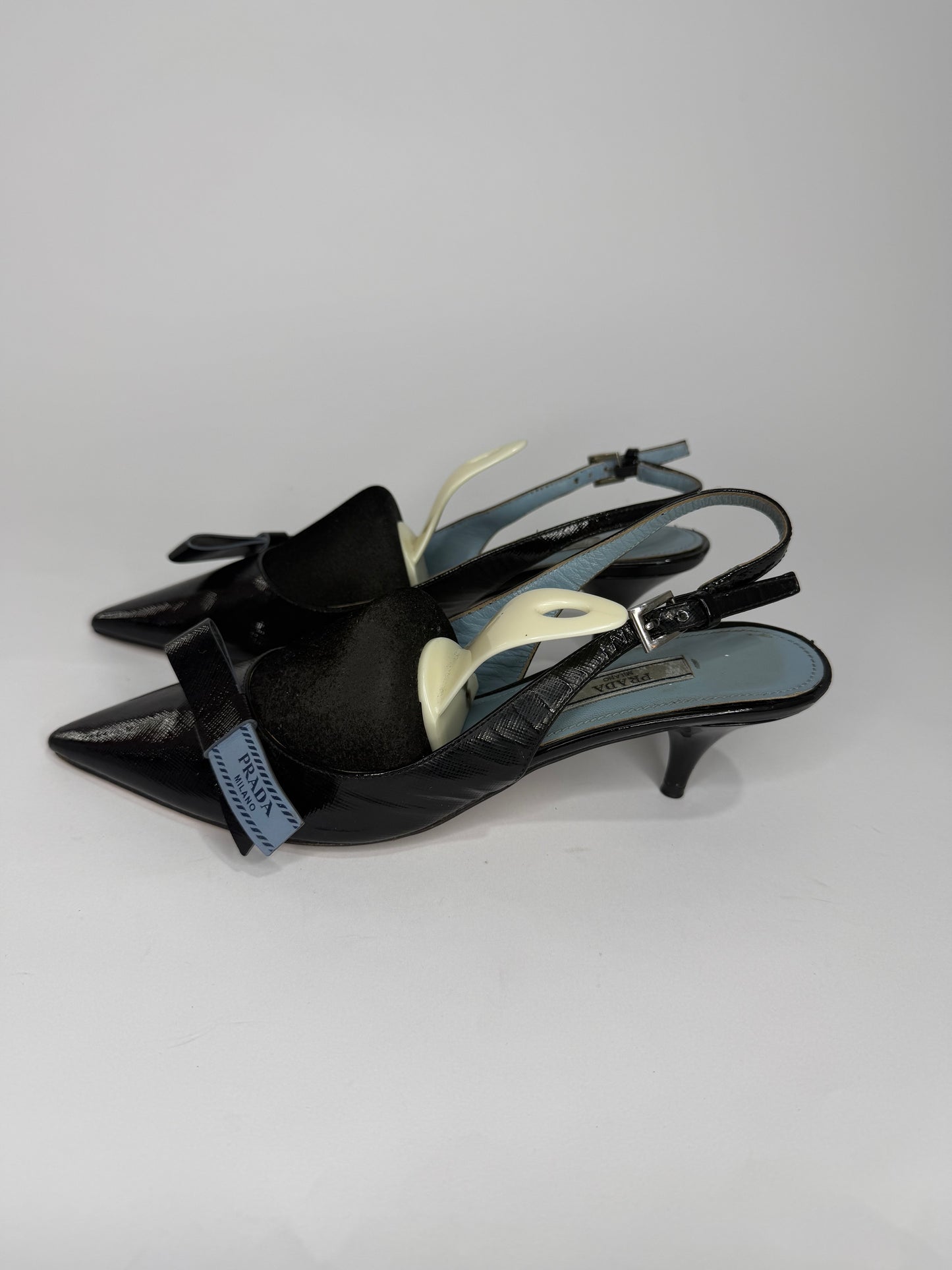 Prada Black Leather Bow Slingback Sandals Size 37.5 EU/ 7.5 US / 4.5 UK