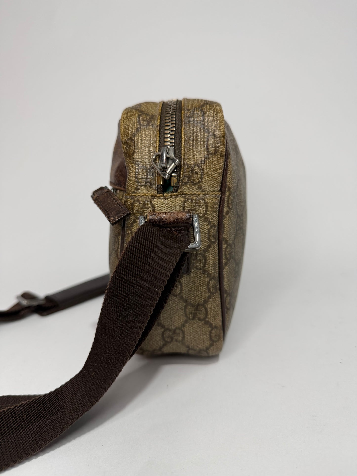 Vintage Gucci GG Supreme Monogram Crossbody Shoulder Bag Brown PVC Leather Trim