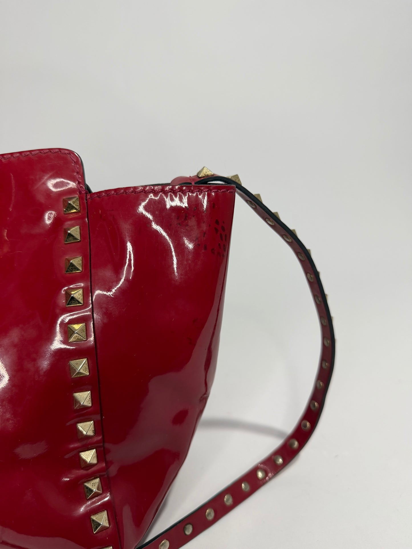 Valentino Red Patent Leather Small Rockstud Shopper Tote Bag