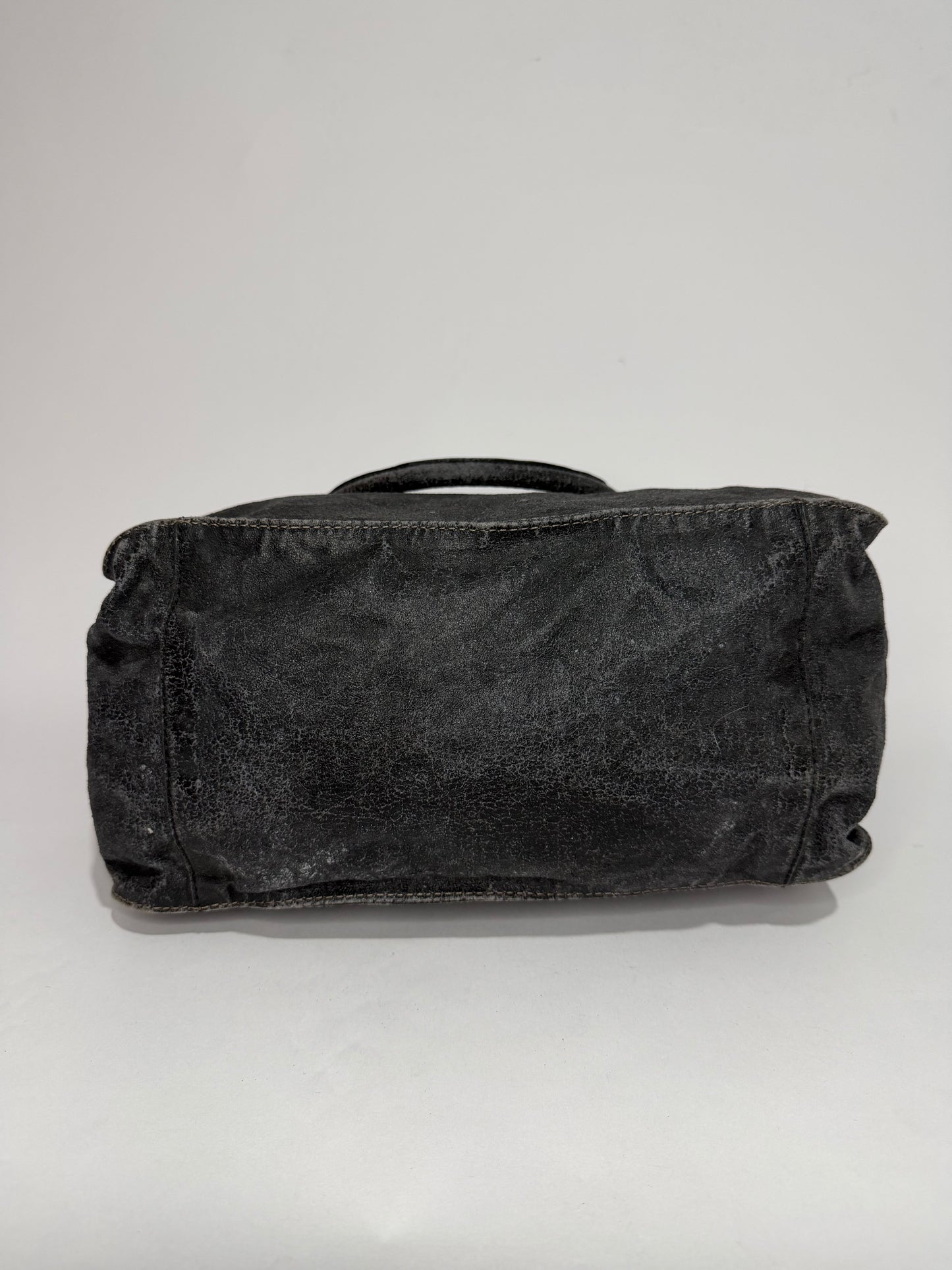 Chloé Vintage Distressed Leather Logo Tote Bag Black Large Shoulder Handbag