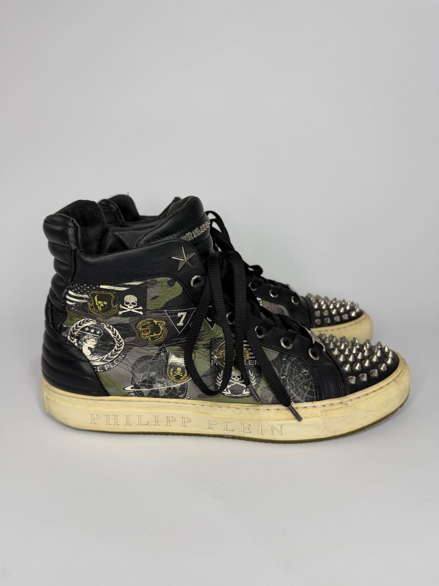 Philipp Plein Studded High-Top Sneakers Black Camo Leather Military Print Men’s EU 42