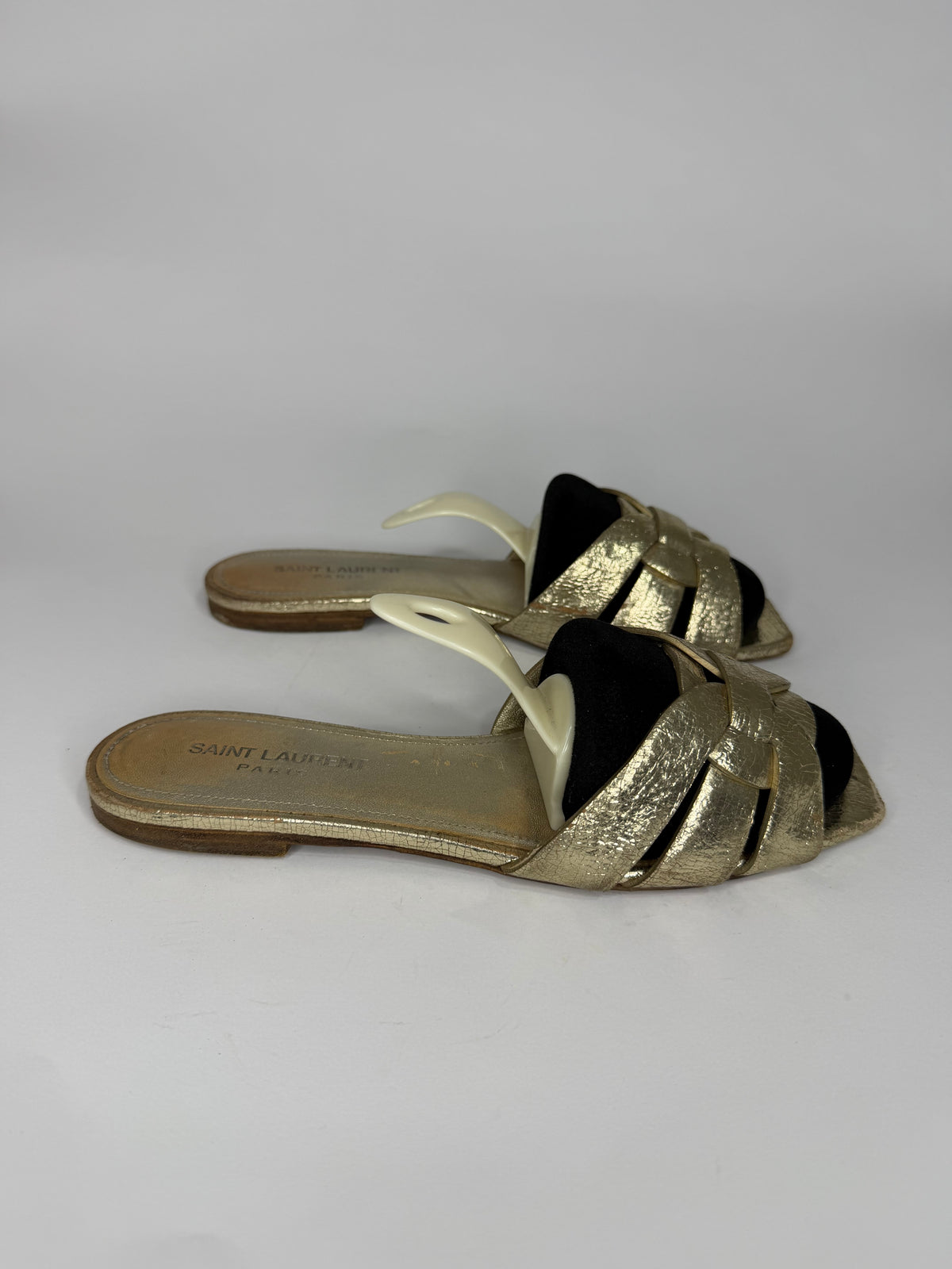 Saint Laurent Paris Gold Leather Tribute Flat Sandals Size 38 EU/ 8US / 5 UK