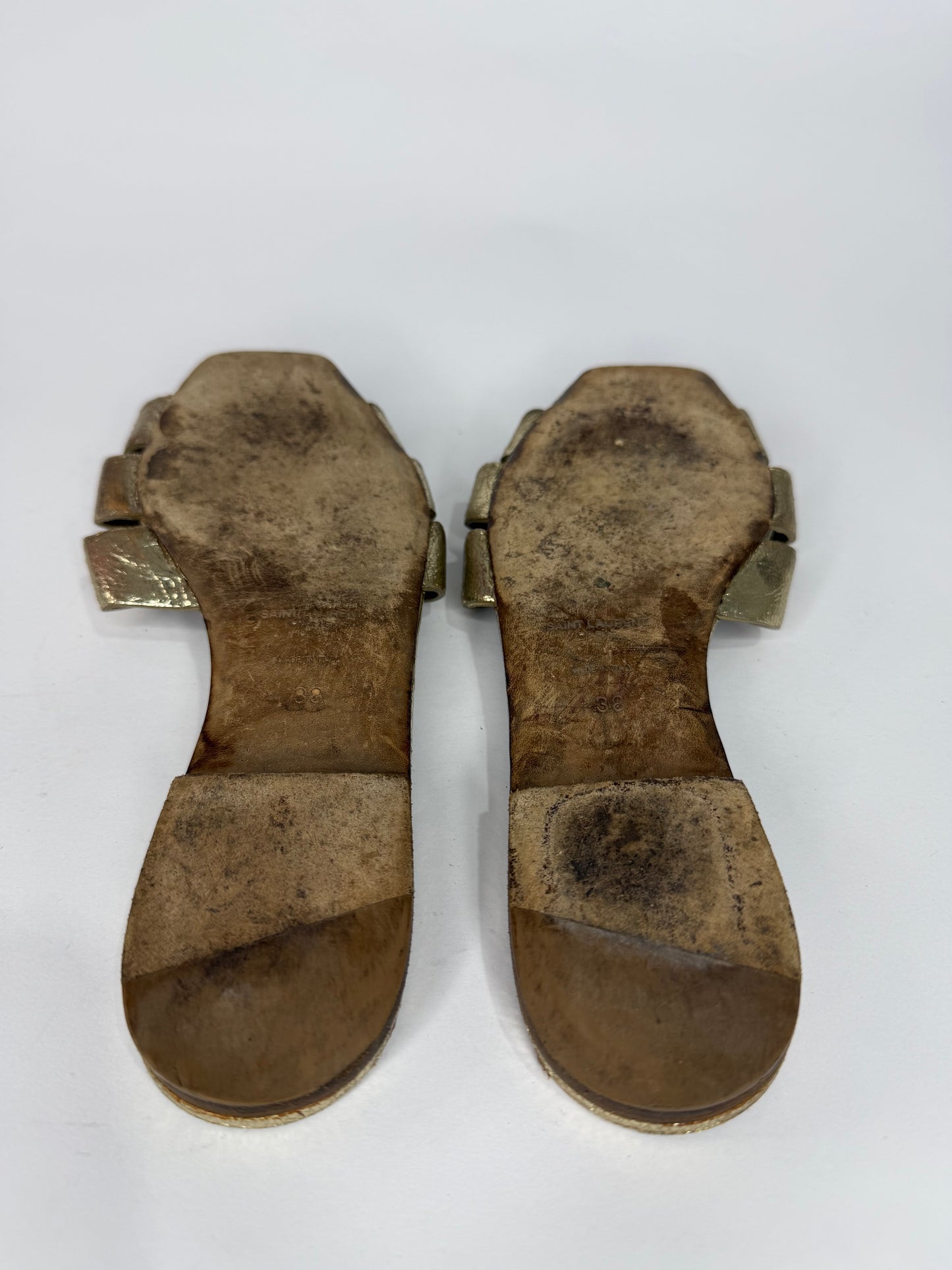 Saint Laurent Paris Gold Leather Tribute Flat Sandals Size 38 EU/ 8US / 5 UK