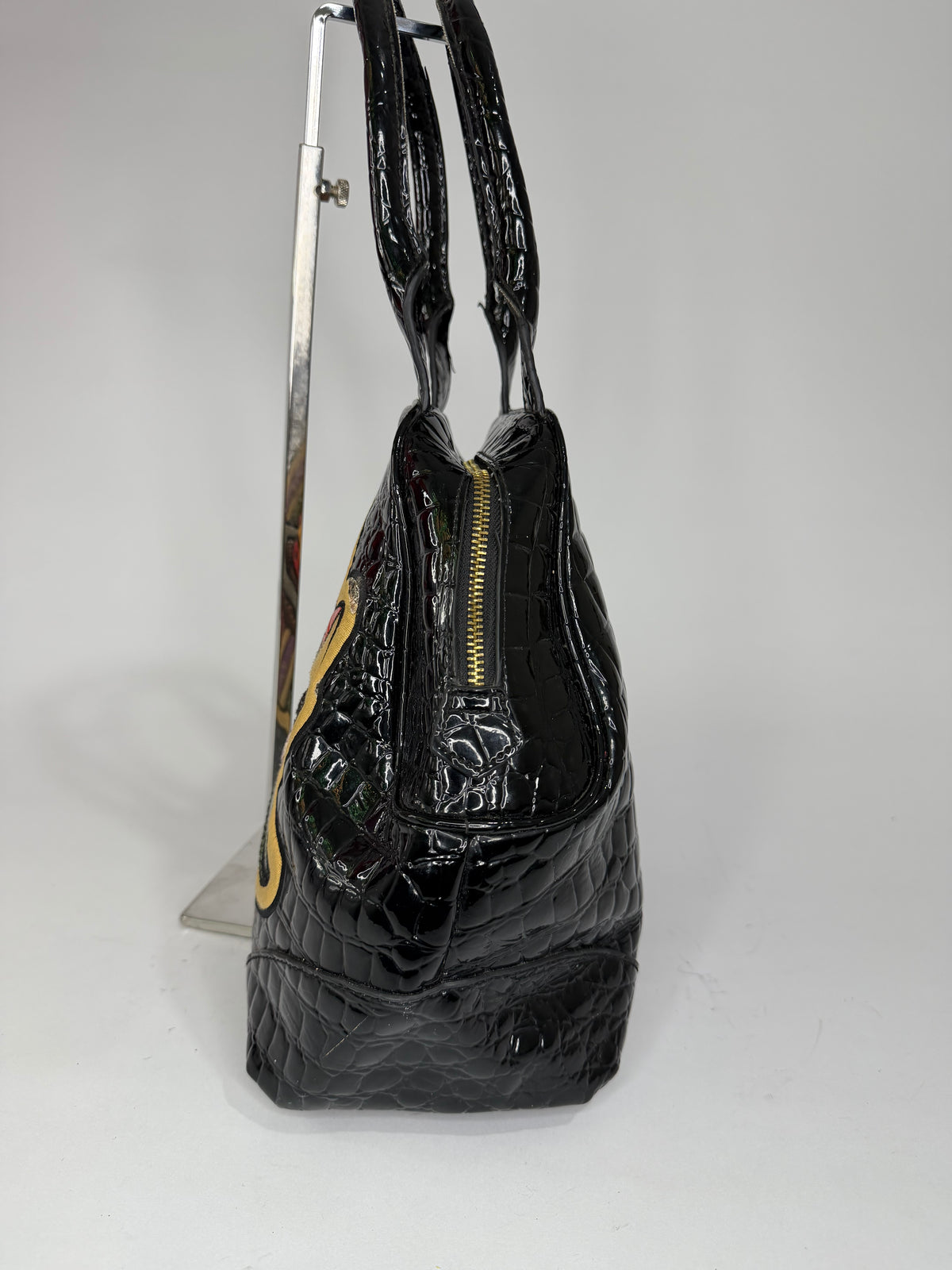 Vivienne Westwood Black Patent Croc-Embossed Orb Appliqué Handbag