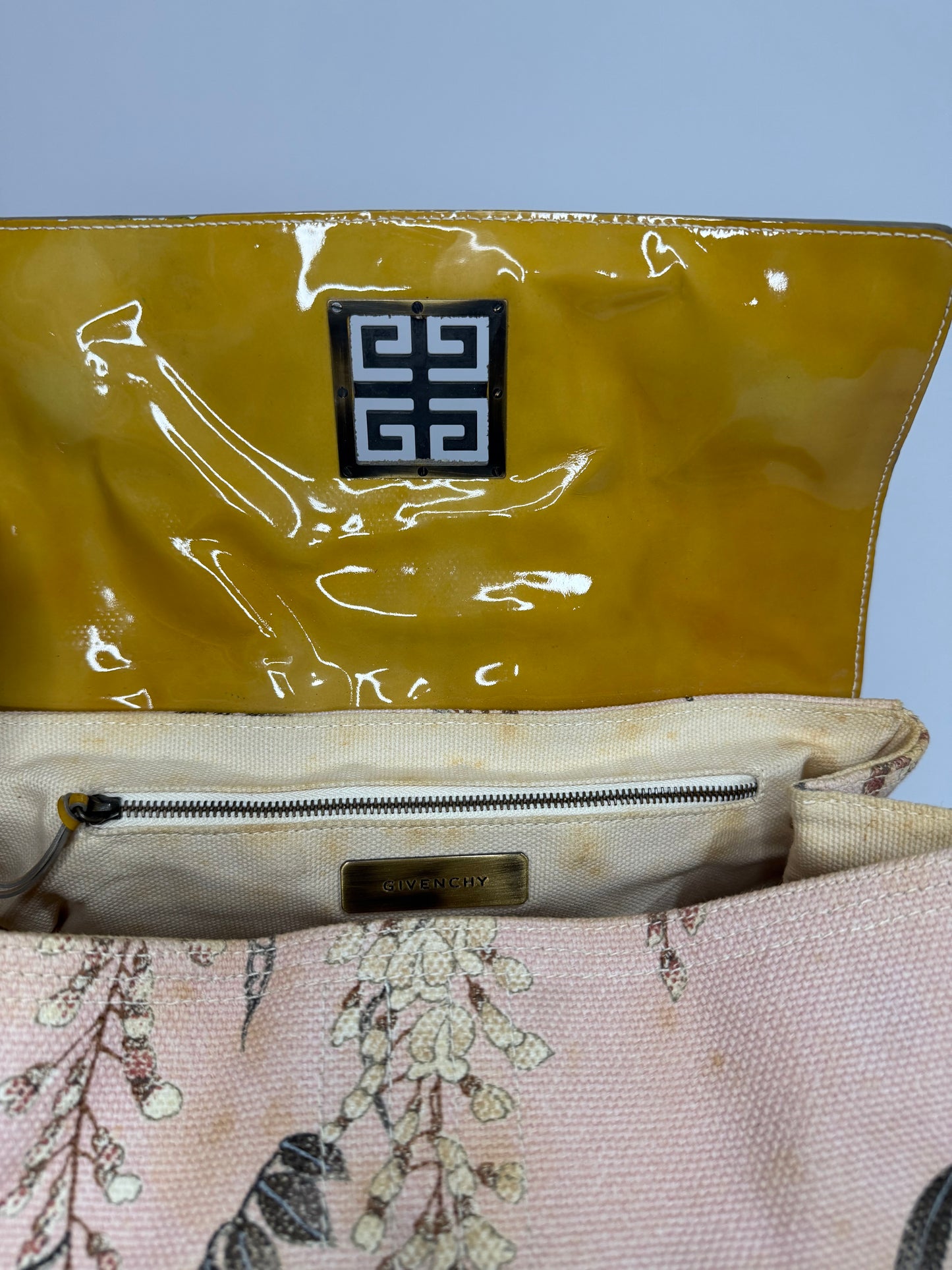 Givenchy Floral Canvas & Mustard Patent Leather Shoulder Bag with Braided Handles