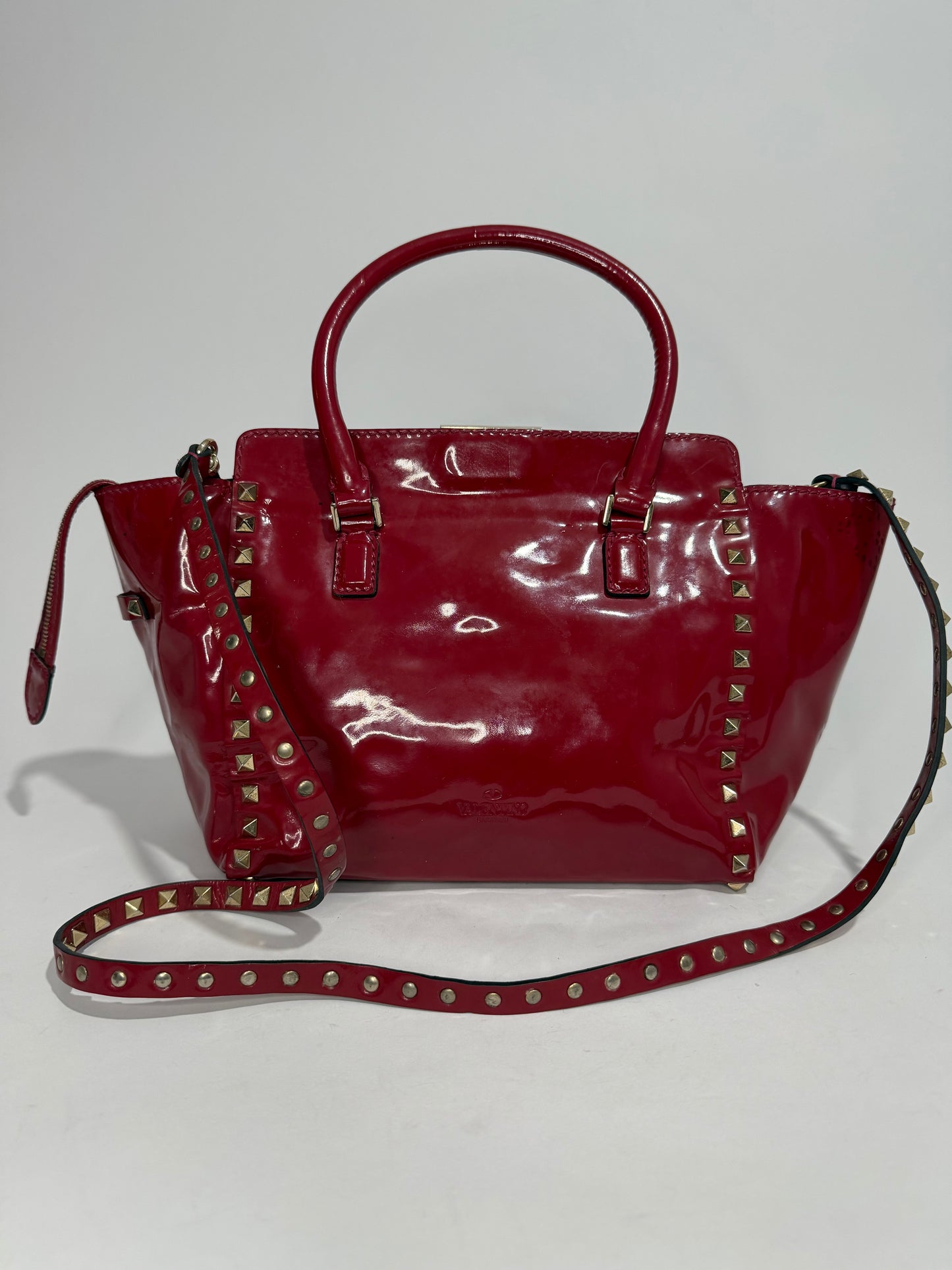 Valentino Red Patent Leather Small Rockstud Shopper Tote Bag