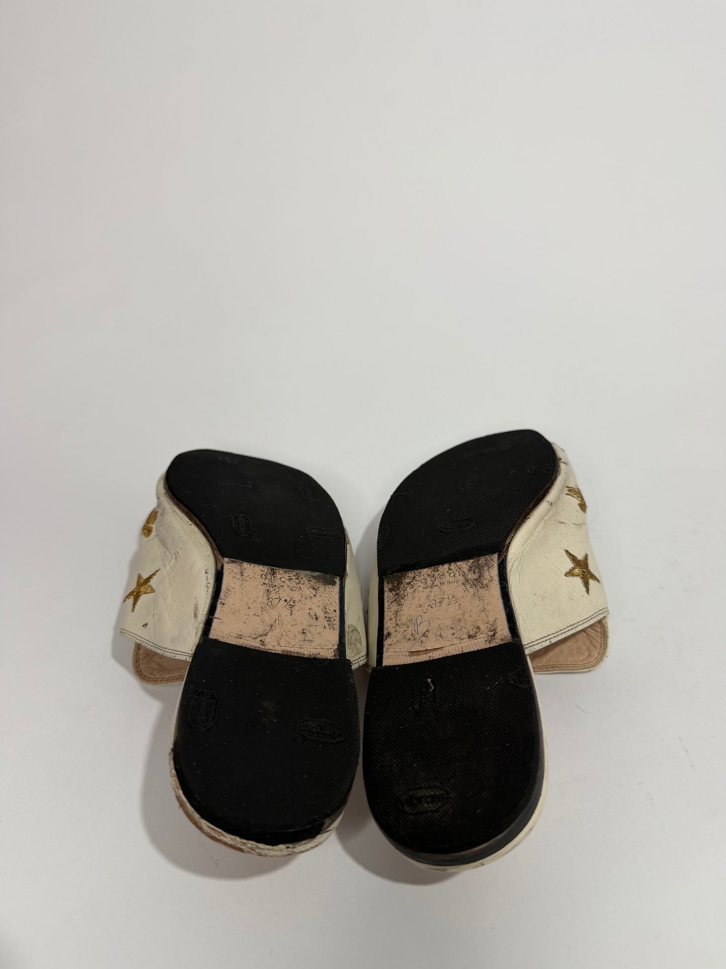 Gucci Cream Leather Bee and Star Embroidered Princetown Flat Mules Size 37.5 EU/ 7.5 US/