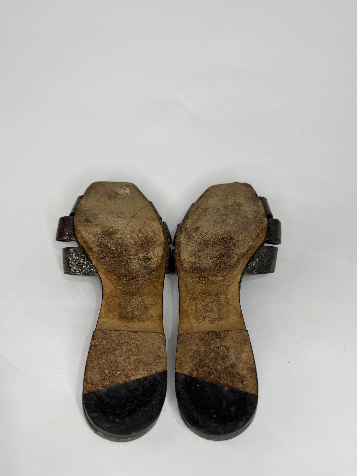 Saint Laurent Paris Silver Leather Tribute Flat Sandals Size 38.5 EU/ 8.5 US / 5.5 UK