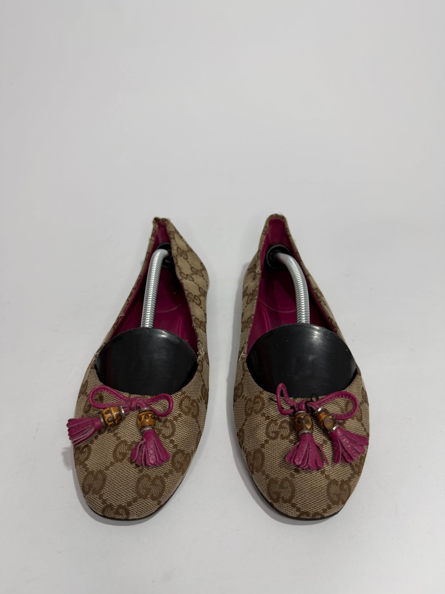 Gucci Beige/ Pink GG Canvas Bamboo Bow Tassel Ballet Flats Size 38