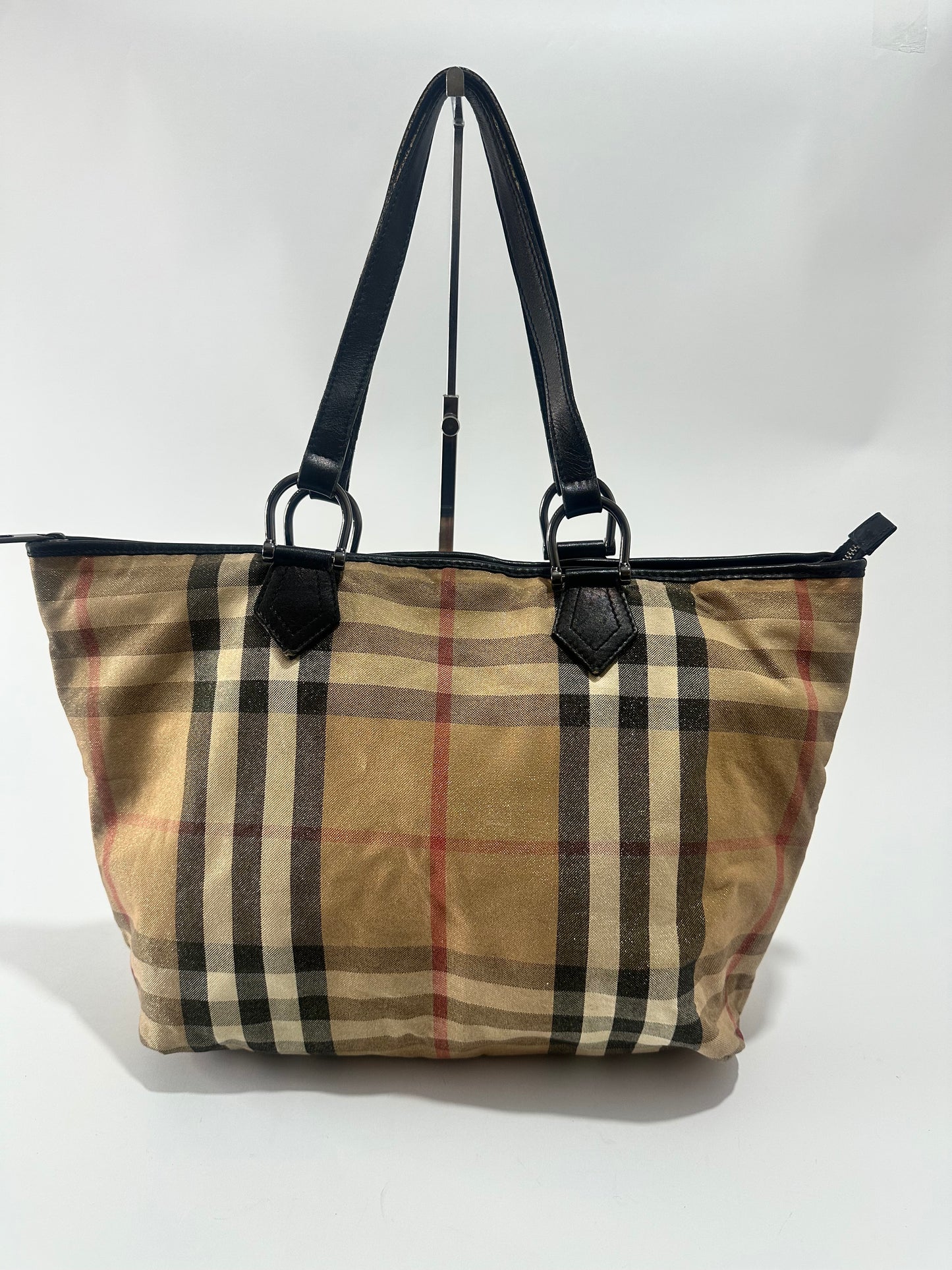 Burberry Black/Beige Shimmery Nova Check Canvas and Leather Trim Tote
