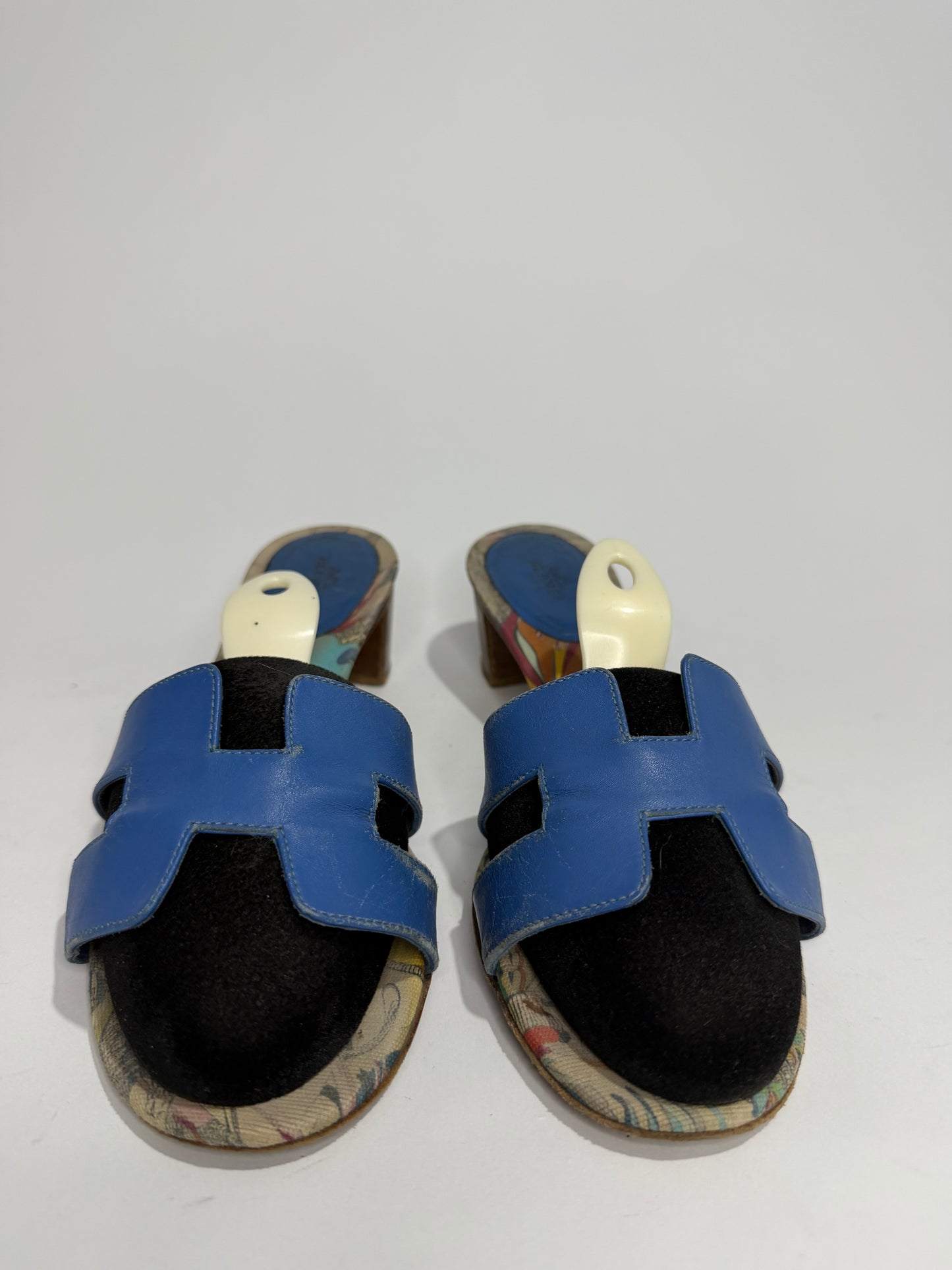 Hermès Oran H Cut-Out Heeled Sandals Blue Leather / Printed Canvas Size 39 EU/ 9 US/ 6 Uk