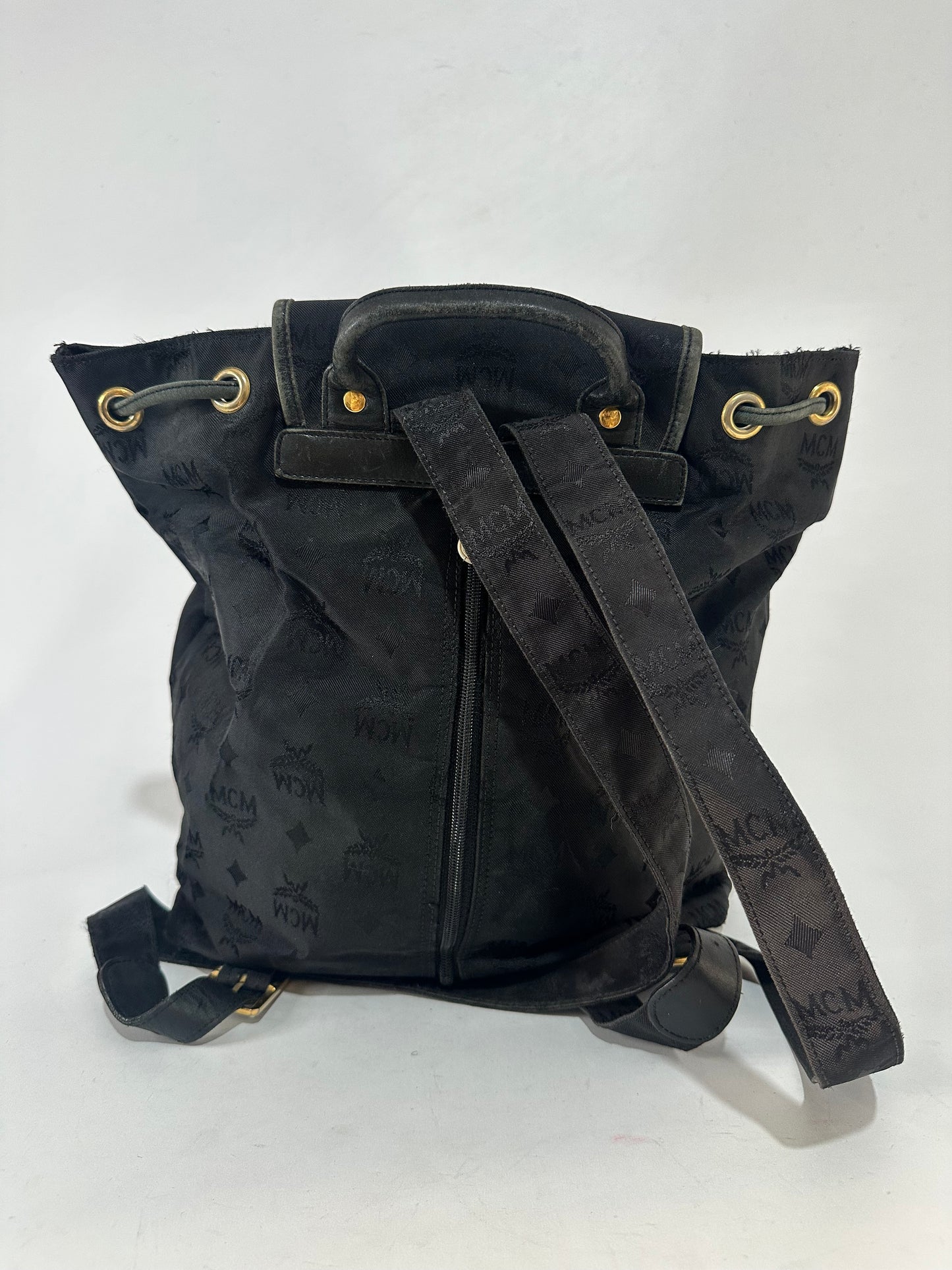 MCM Black Nylon and Leather Drawstring Backpack