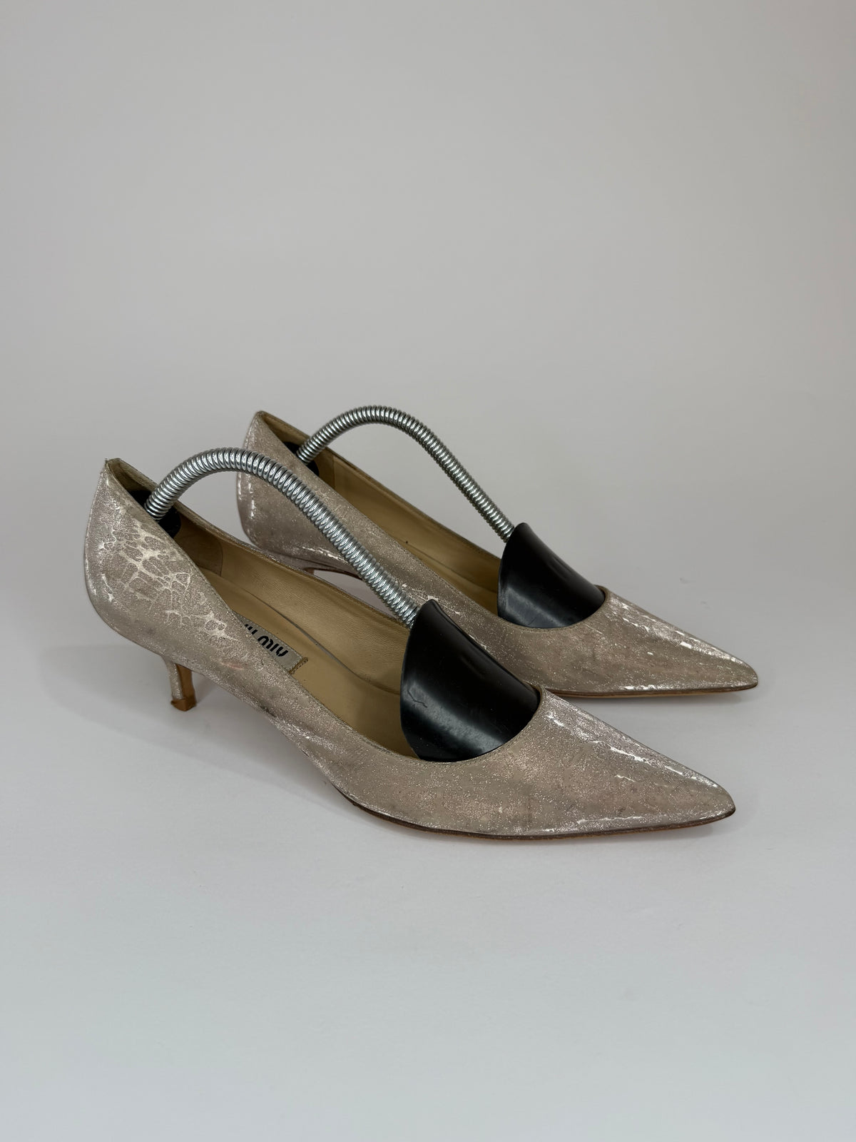 Miu Miu Metallic Silver Beige Pointed Toe Kitten Heel Pumps Size 36 EU/ 6 US/ 3 UK