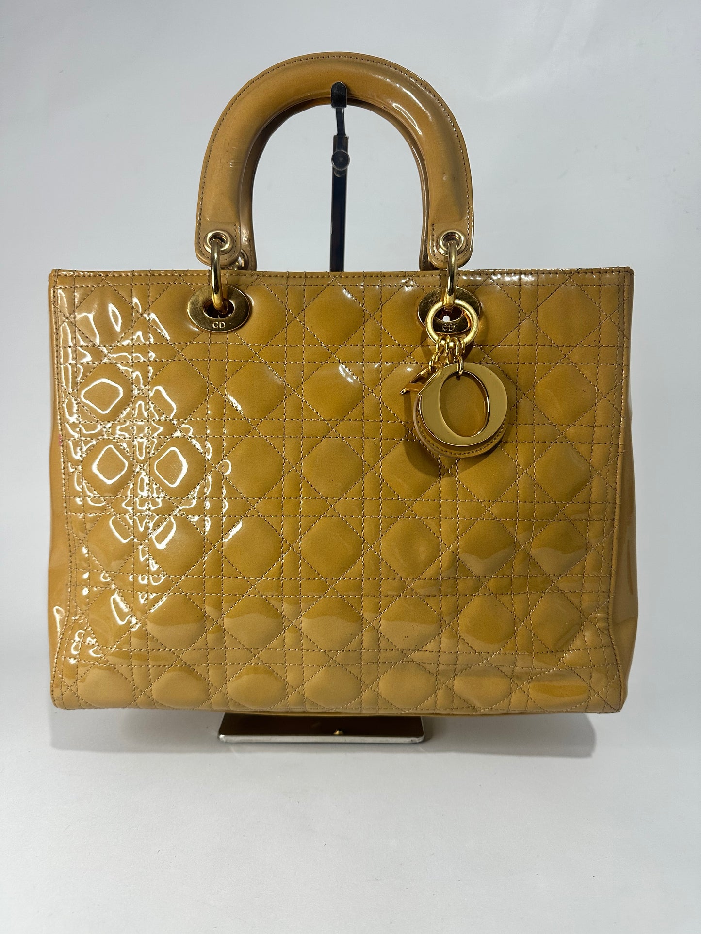 Dior Mustard Yellow Cannage Patent Leather Large Lady Dior Tote