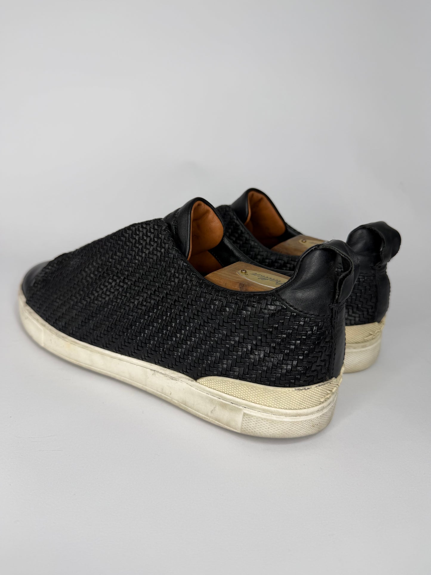 Ermenegildo Zegna Couture Black Woven Leather Pelle Tessuta Slip On Sneakers Size 8 UK/ 9 US