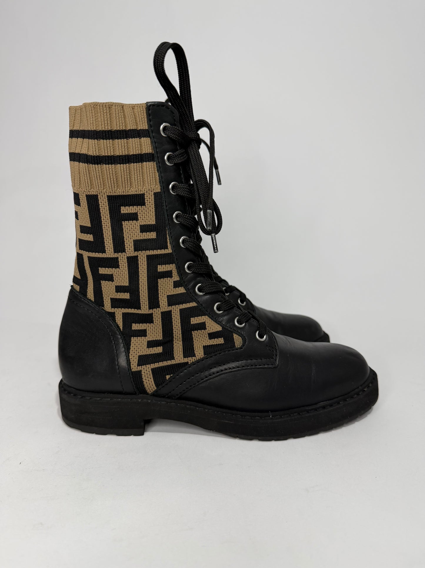 Fendi Black Canvas and Leather Rockoko Ankle Length Boots Size 37 EU