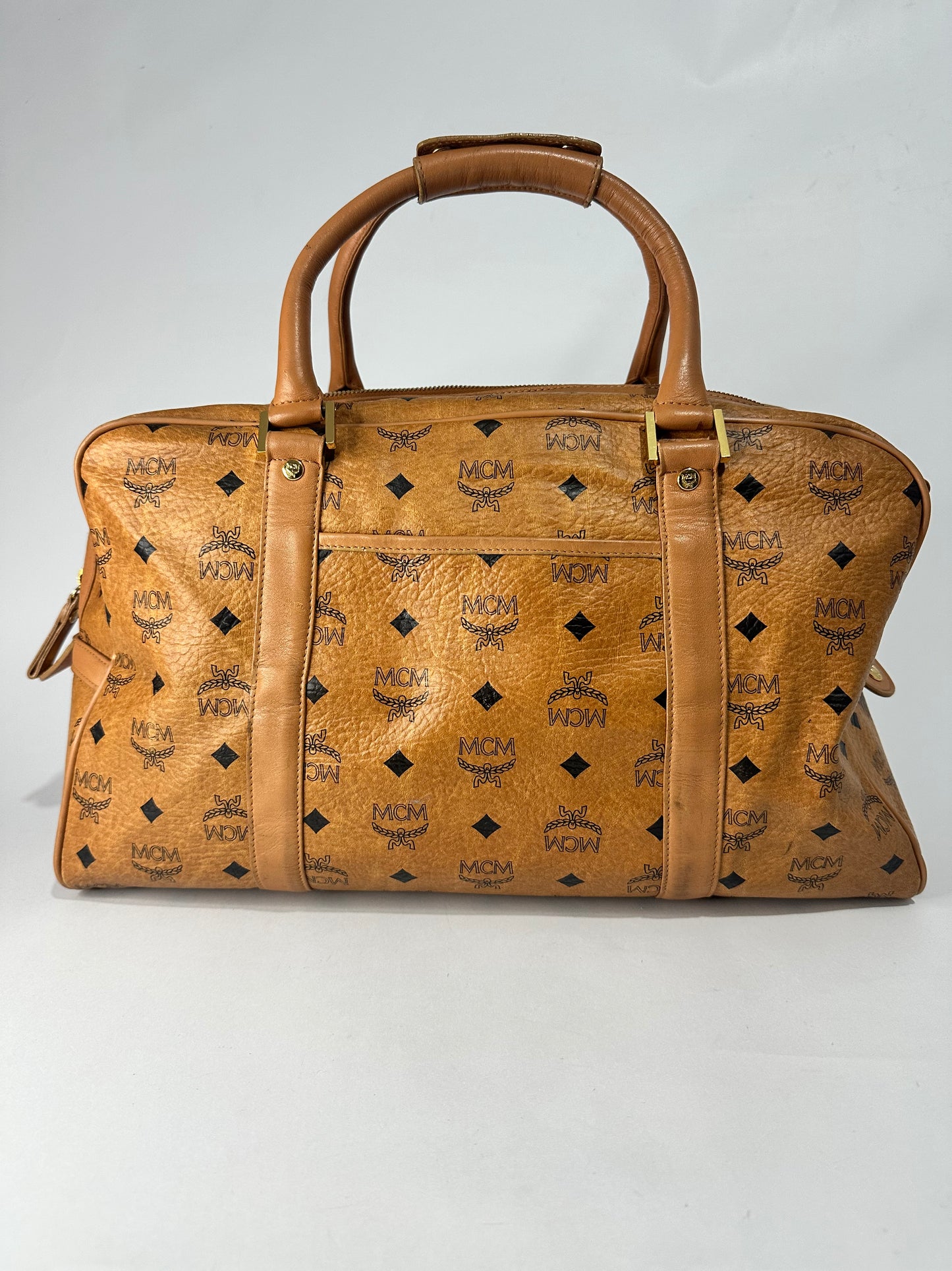 MCM Cognac Visetos Canvas Boston Bag