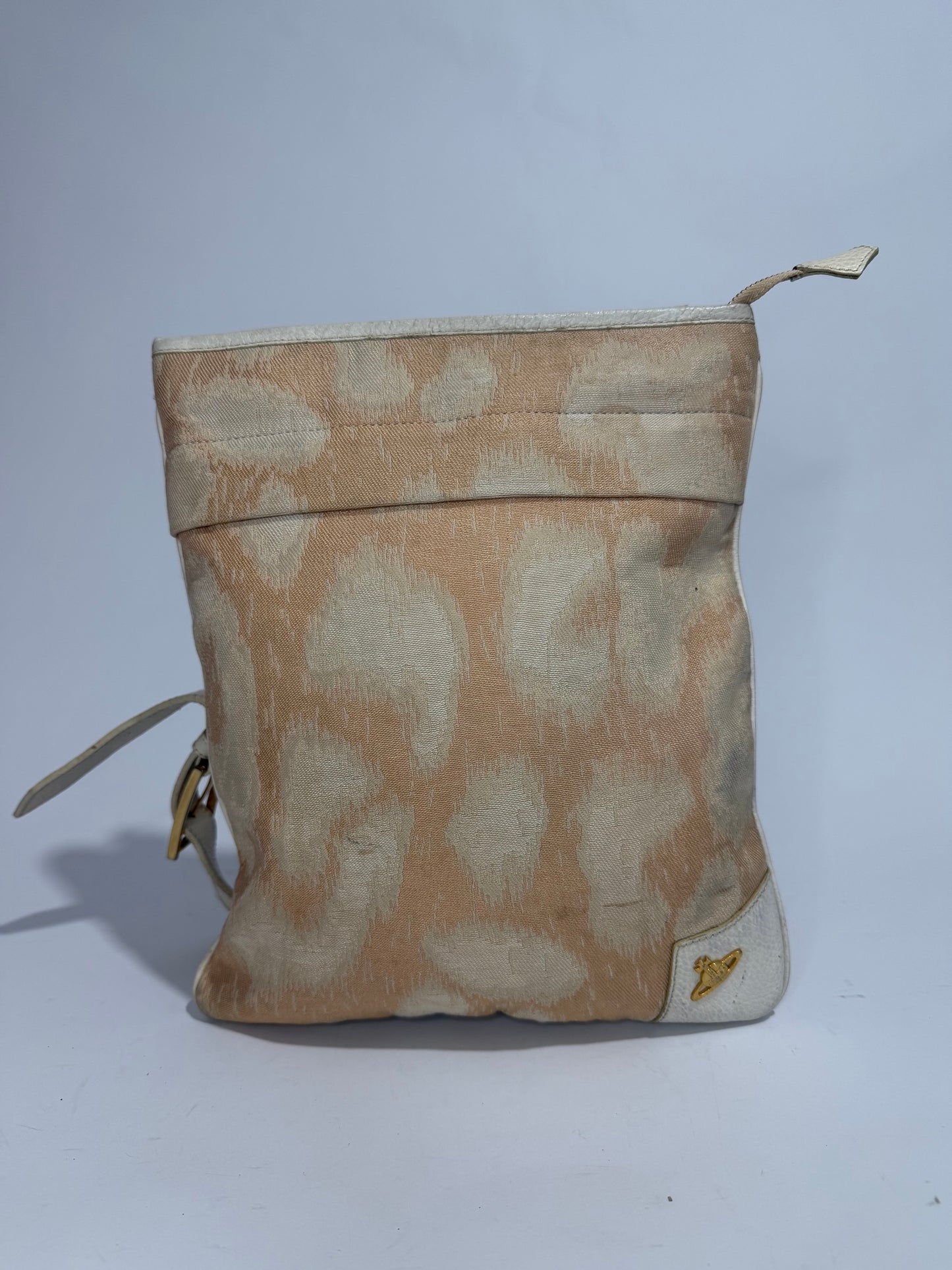 Vivienne Westwood Leopard Jacquard Crossbody Messenger Bag – Beige/Cream Canvas & White Leather