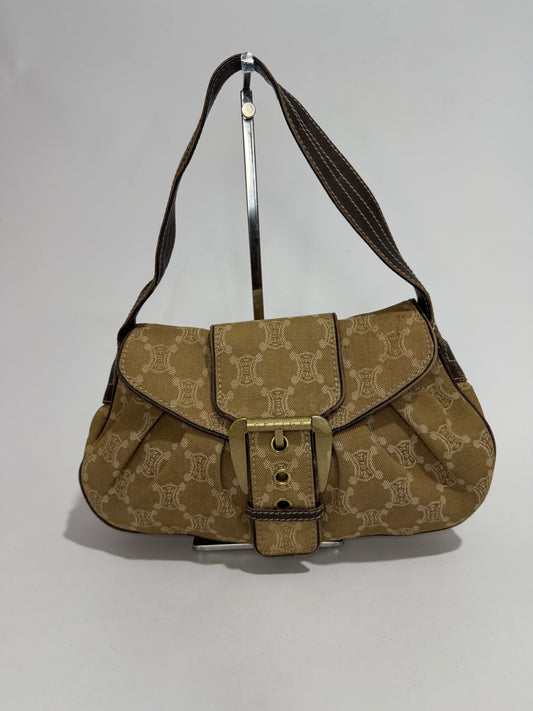 Celine Beige Macadam Canvas and Leather Shoulder Bag