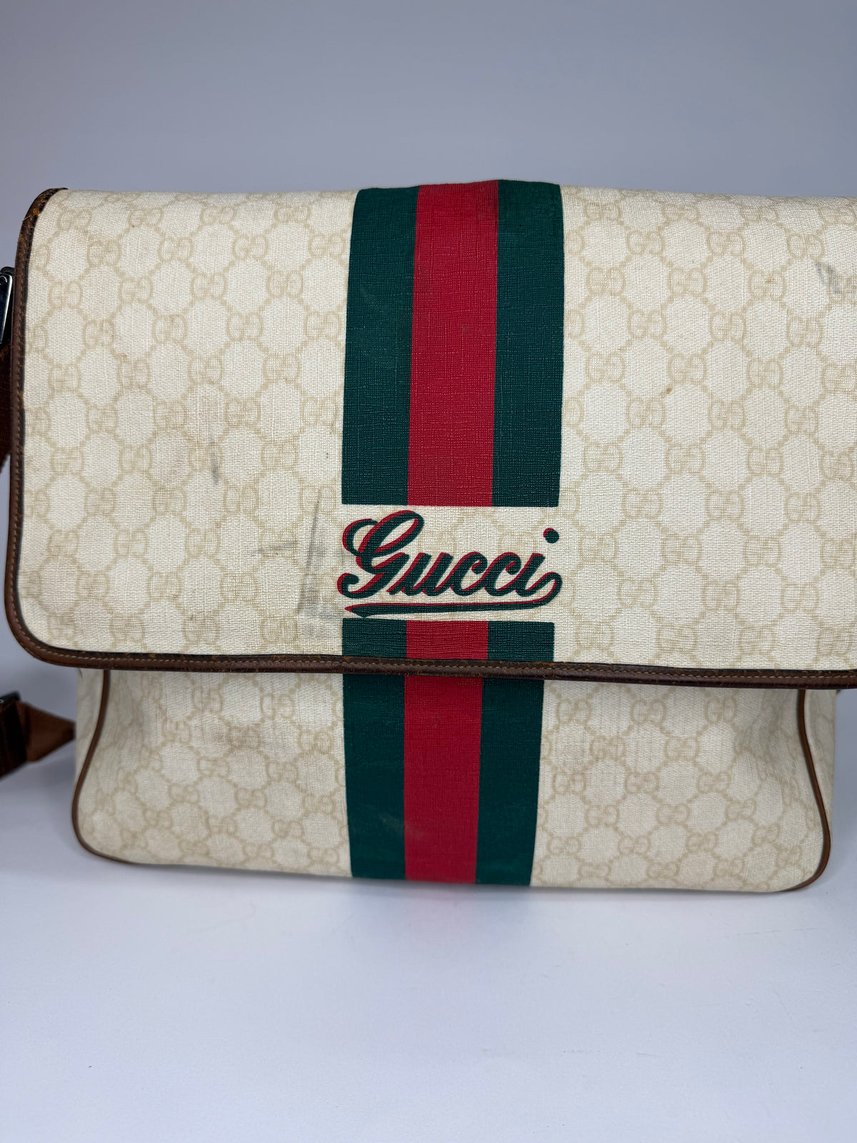 Gucci Vintage GG Supreme Beige Monogram Web Stripe Messenger Shoulder Bag