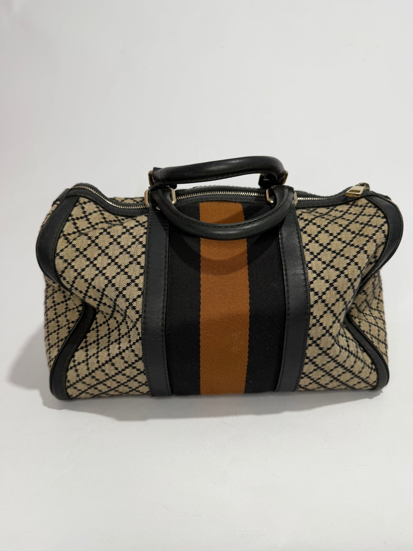 Gucci Black/Beige Diamante Canvas Medium Vintage Web Boston Bag