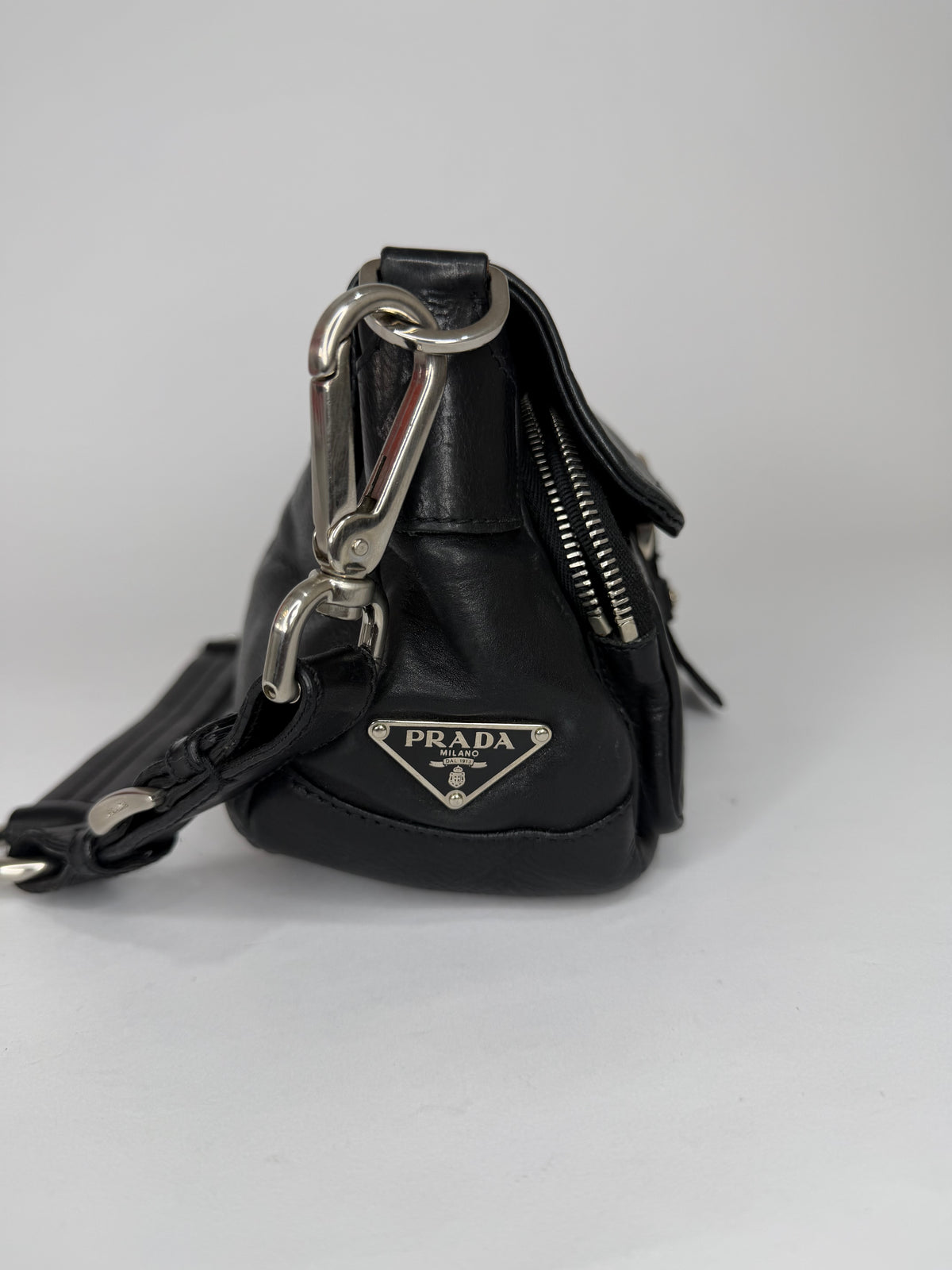 Prada Black Nylon and Leather Buckle Flap Baguette Bag