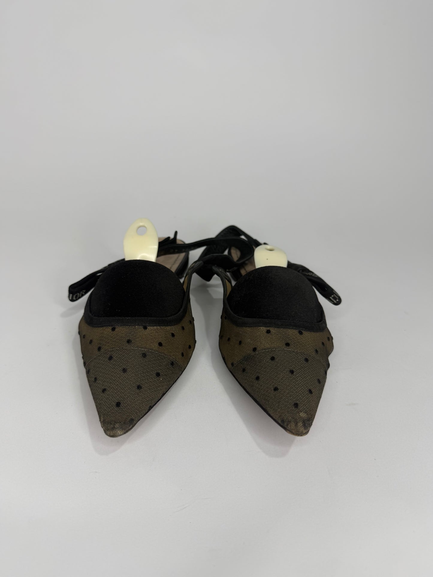 Dior Black Polka Dot Mesh and Crystal Embellished Suede J'adior Slingback Flats Size 39 EU/ 9 US/ 6 UK
