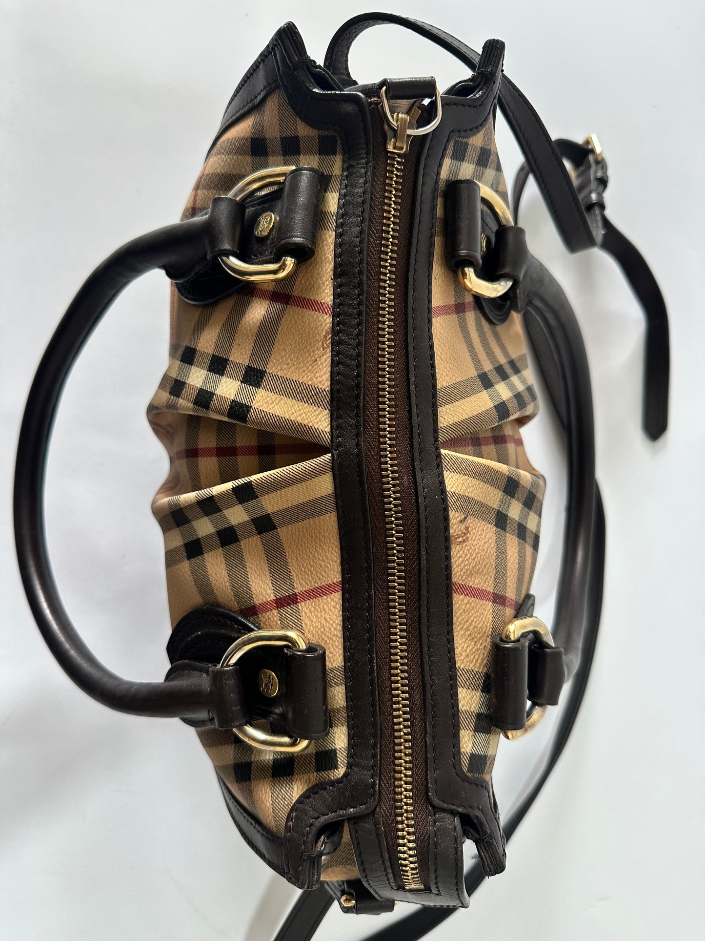 BURBERRY
Chocolate Leather Haymarket Check Coated Canvas Gladstone Bag