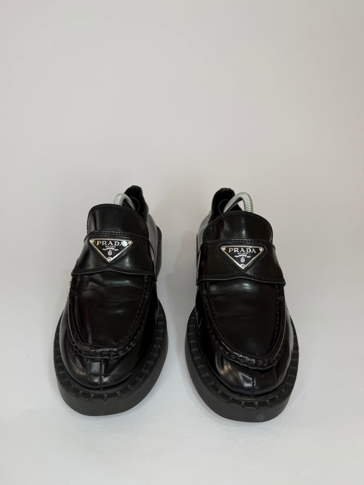 PRADA Vernice Metal Triangle Logo 50mm Loafers Size 37 EU/7 US/ 4 UK