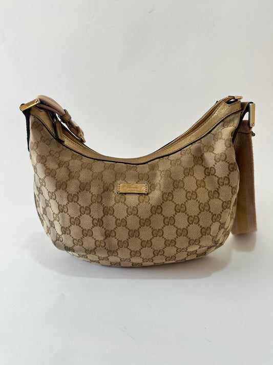 GUCCI GG Canvas Medium Sherry Half Moon Crossbody Bag Gold