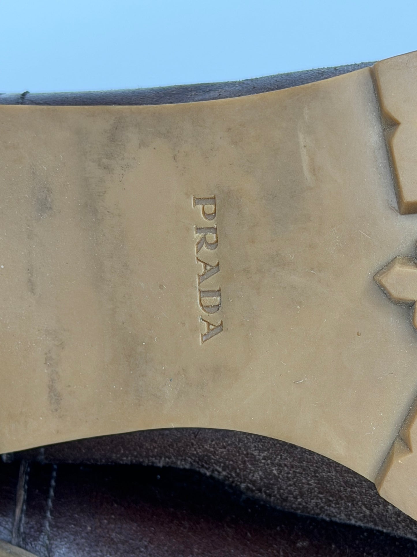 Prada Brown Shearling-Lined Leather Engineer Boots Buckle Moto Lug Sole Women’s EU 42