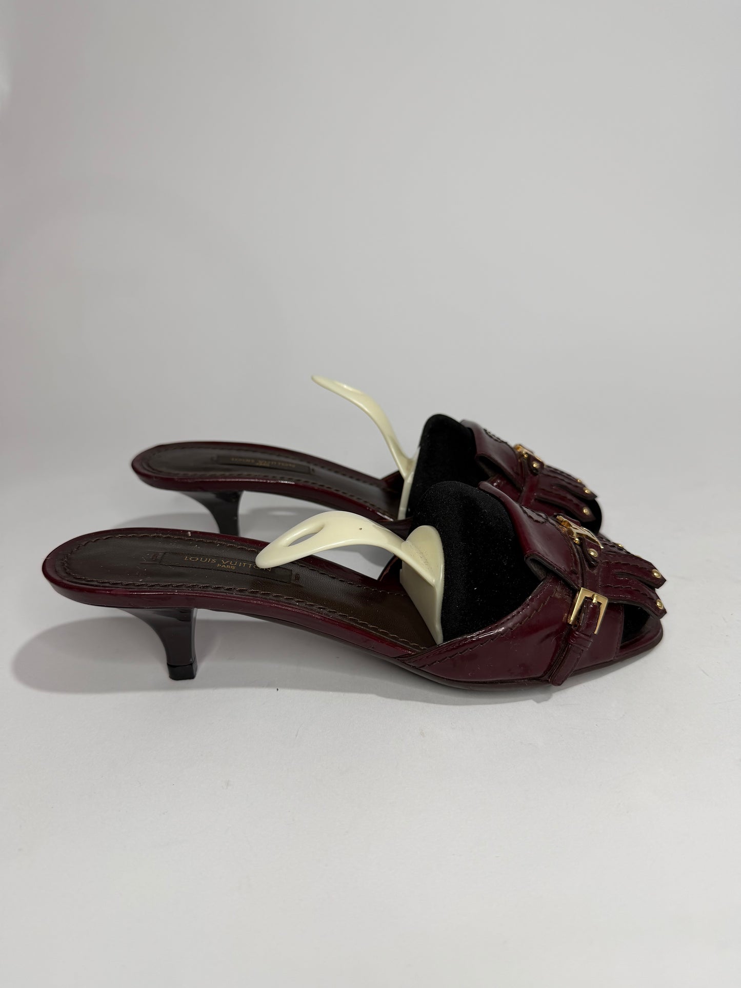 Louis Vuitton Patent Leather Fringe Mule Heels – Burgundy / Bordeaux with Gold LV Hardware