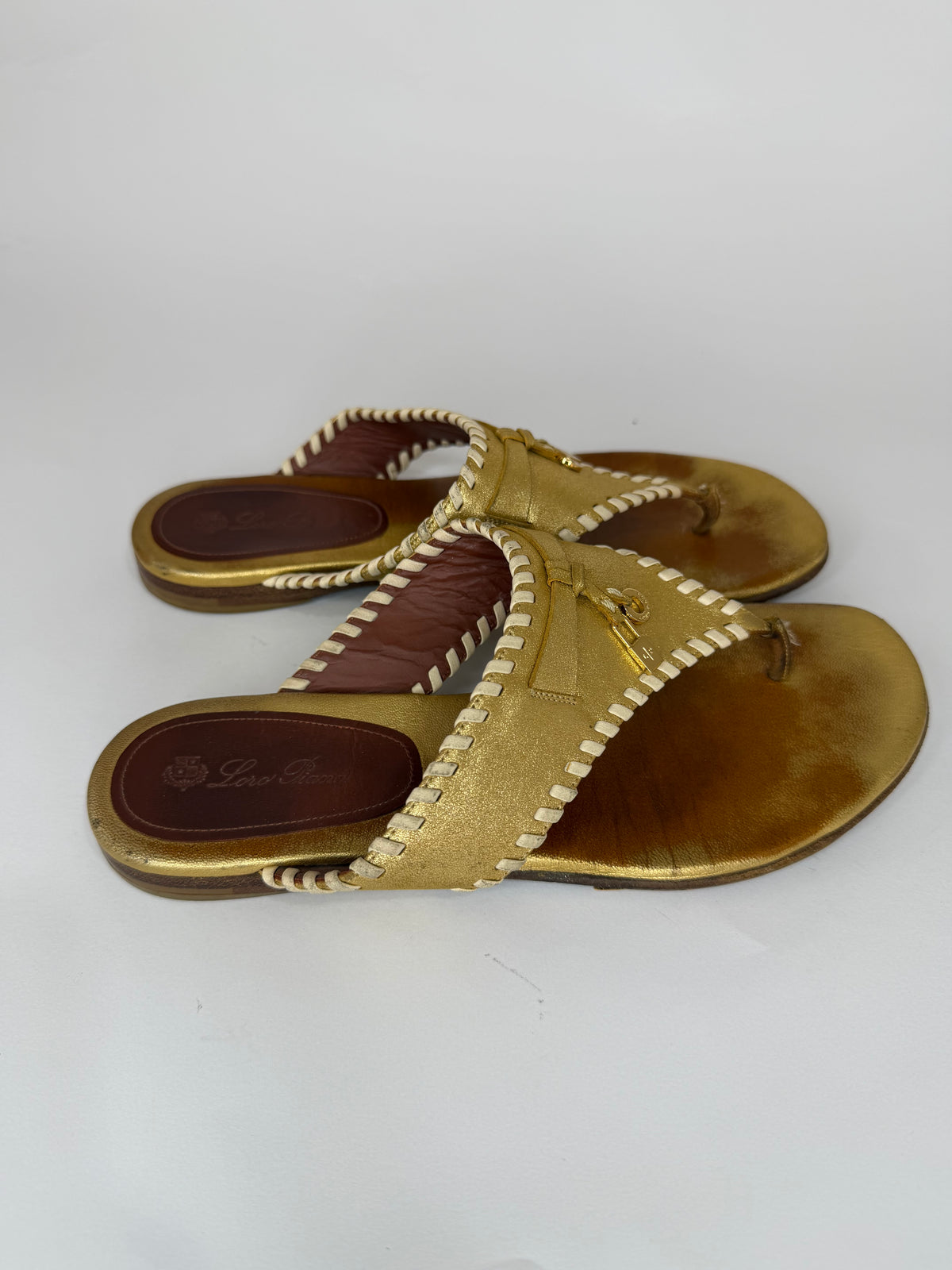 Loro Piana Jovis metallic leather thong sandals Size 38 EU/ 8 US/ 5 UK