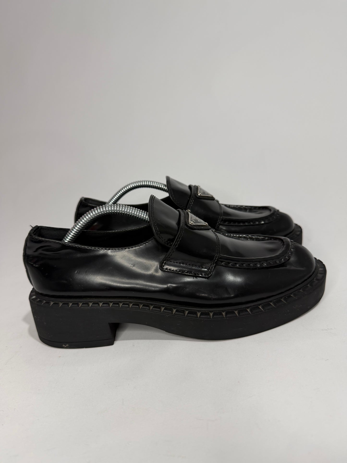 PRADA Vernice Metal Triangle Logo 50mm Loafers Size 37 EU/7 US/ 4 UK