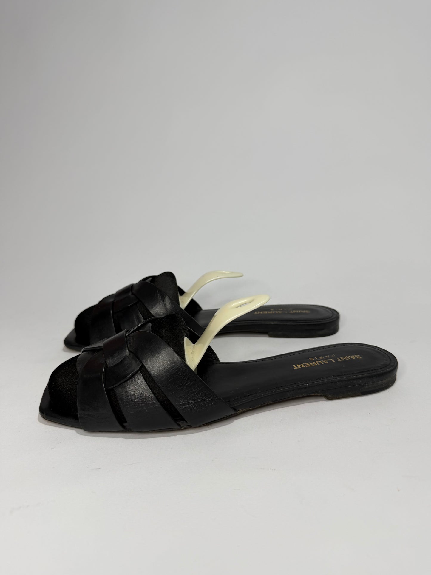 Saint Laurent Paris Black Patent Leather Tribute Flat Sandals Size