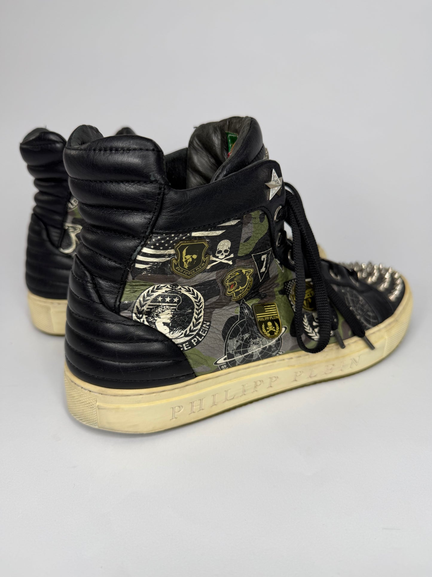 Philipp Plein Studded High-Top Sneakers Black Camo Leather Military Print Men’s EU 42