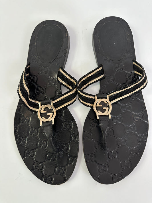 Gucci Black Leather GG Thong Sandals Size 38.5 EU