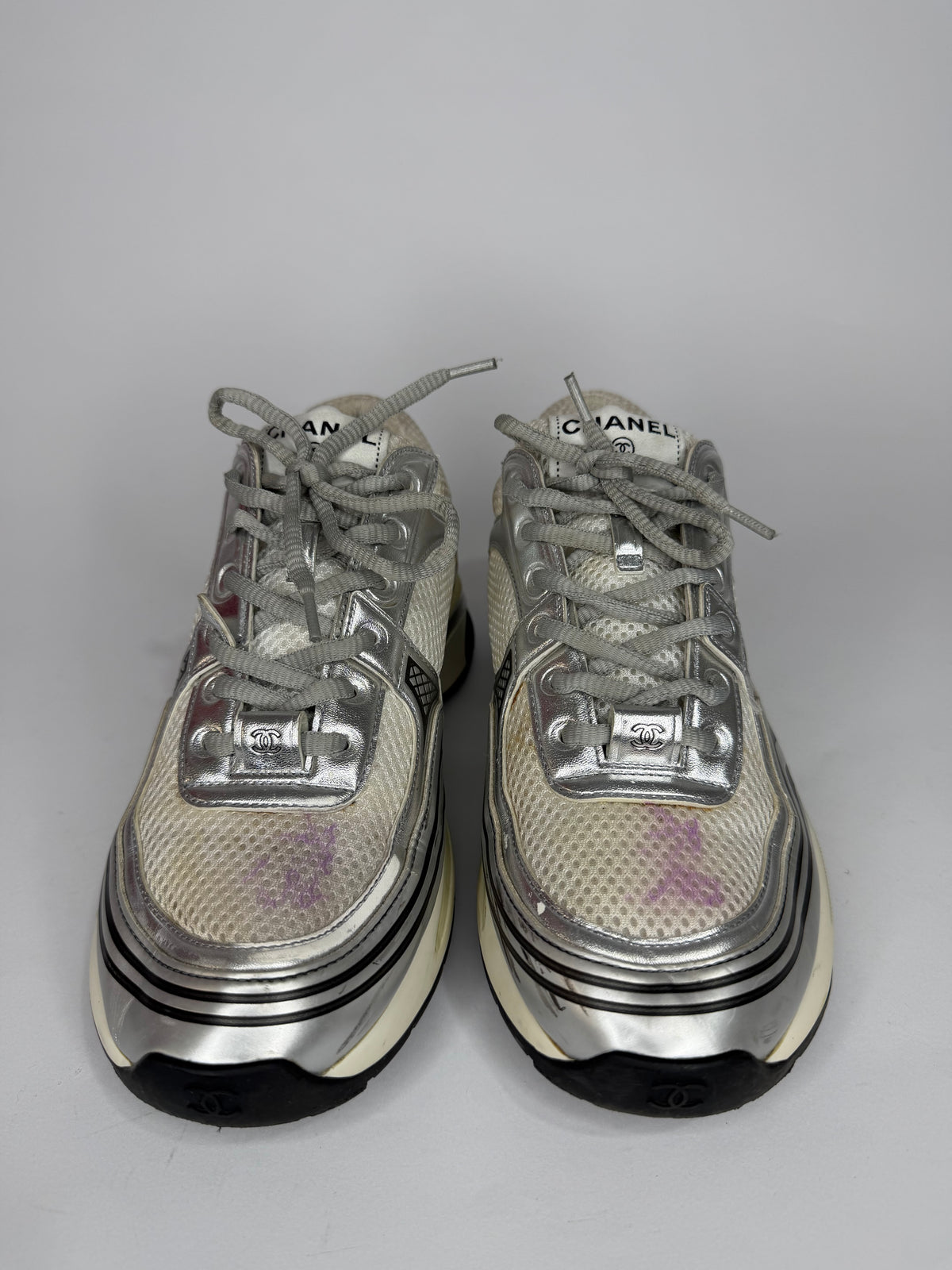 Chanel CC  Silver/White Leather and Mesh Low Top Sneakers Size 38 EU/ 8 US