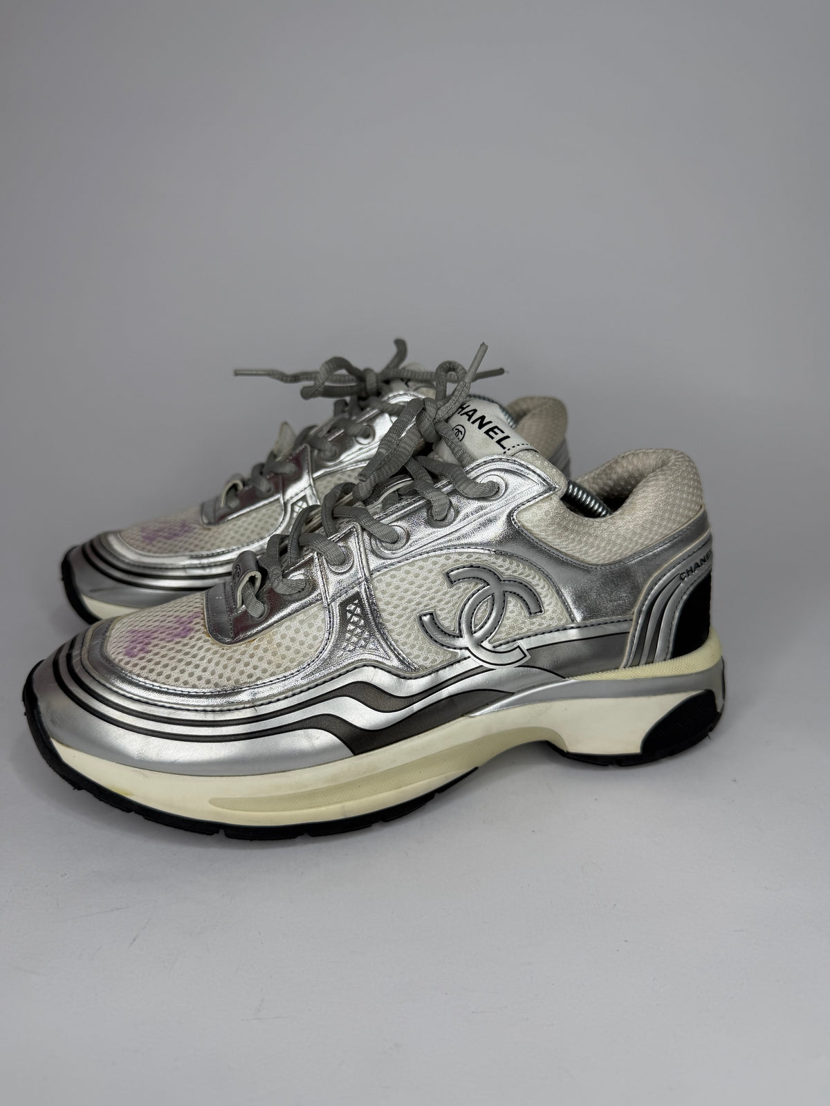 Chanel CC  Silver/White Leather and Mesh Low Top Sneakers Size 38 EU/ 8 US