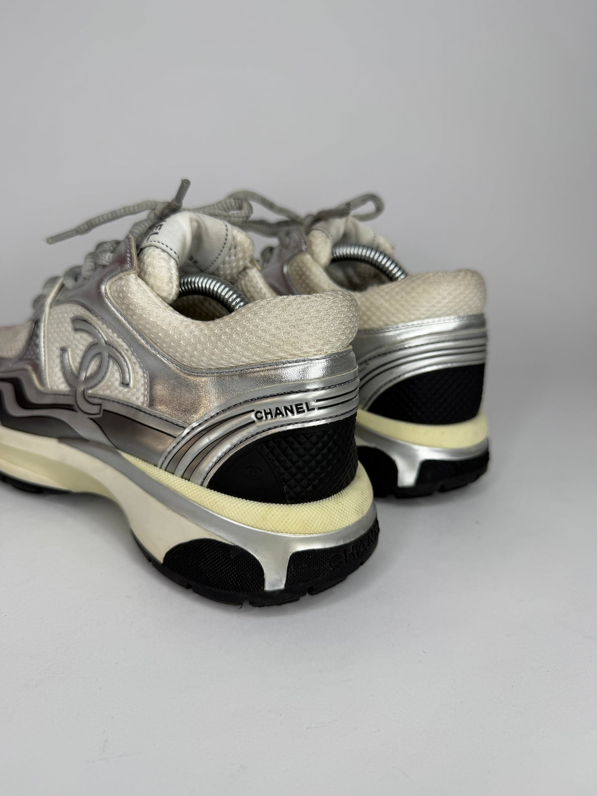 Chanel CC  Silver/White Leather and Mesh Low Top Sneakers Size 38 EU/ 8 US