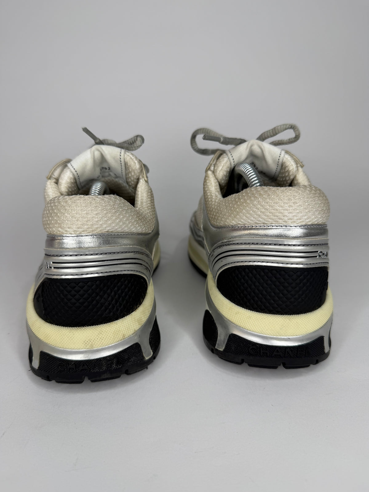 Chanel CC  Silver/White Leather and Mesh Low Top Sneakers Size 38 EU/ 8 US